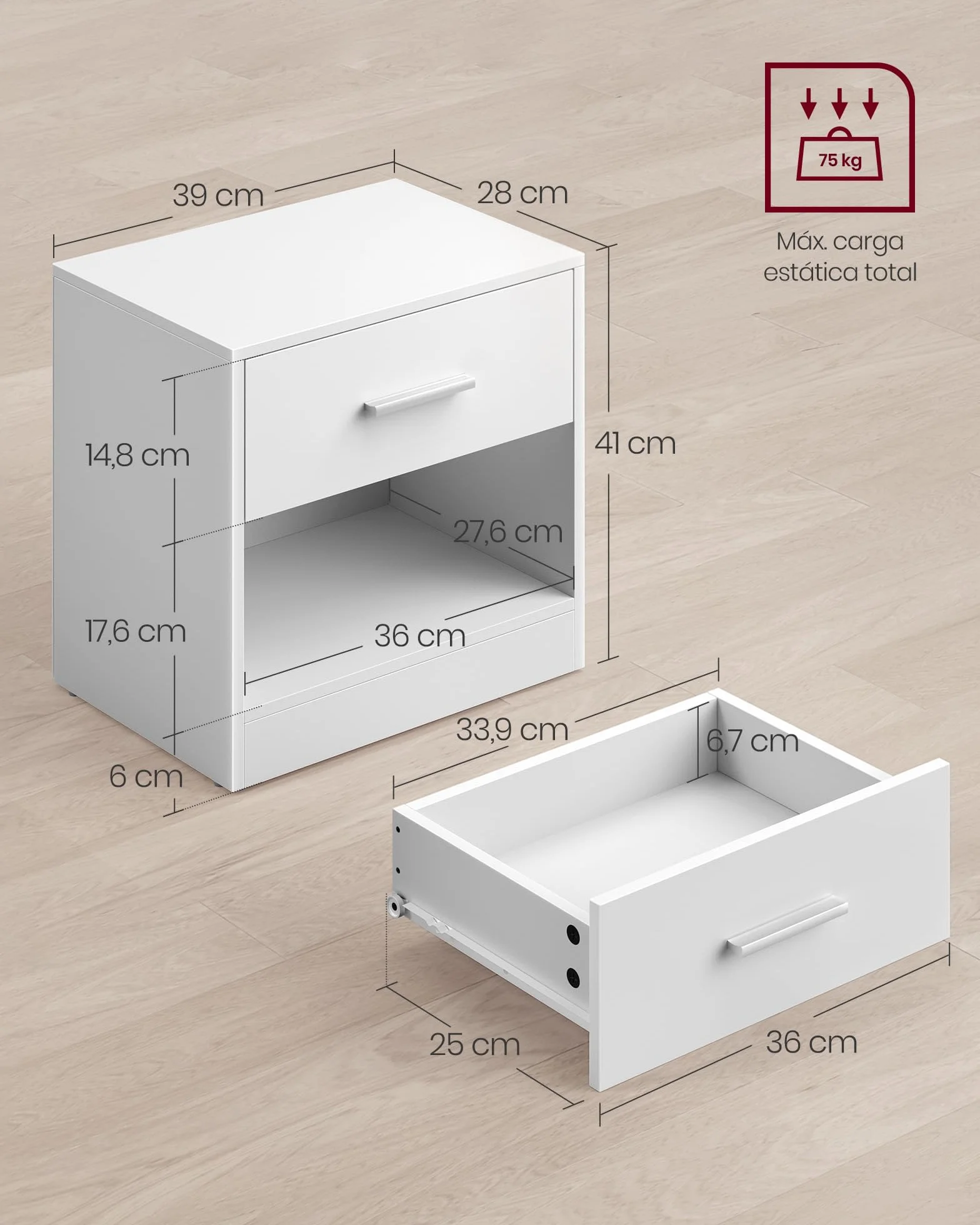 VASAGLE Mesita de Noche, Mesa Auxiliar con Cajón, Asa, Compartimento Abierto, para Dormitorio, Salón, Blanco Nube LET619T14