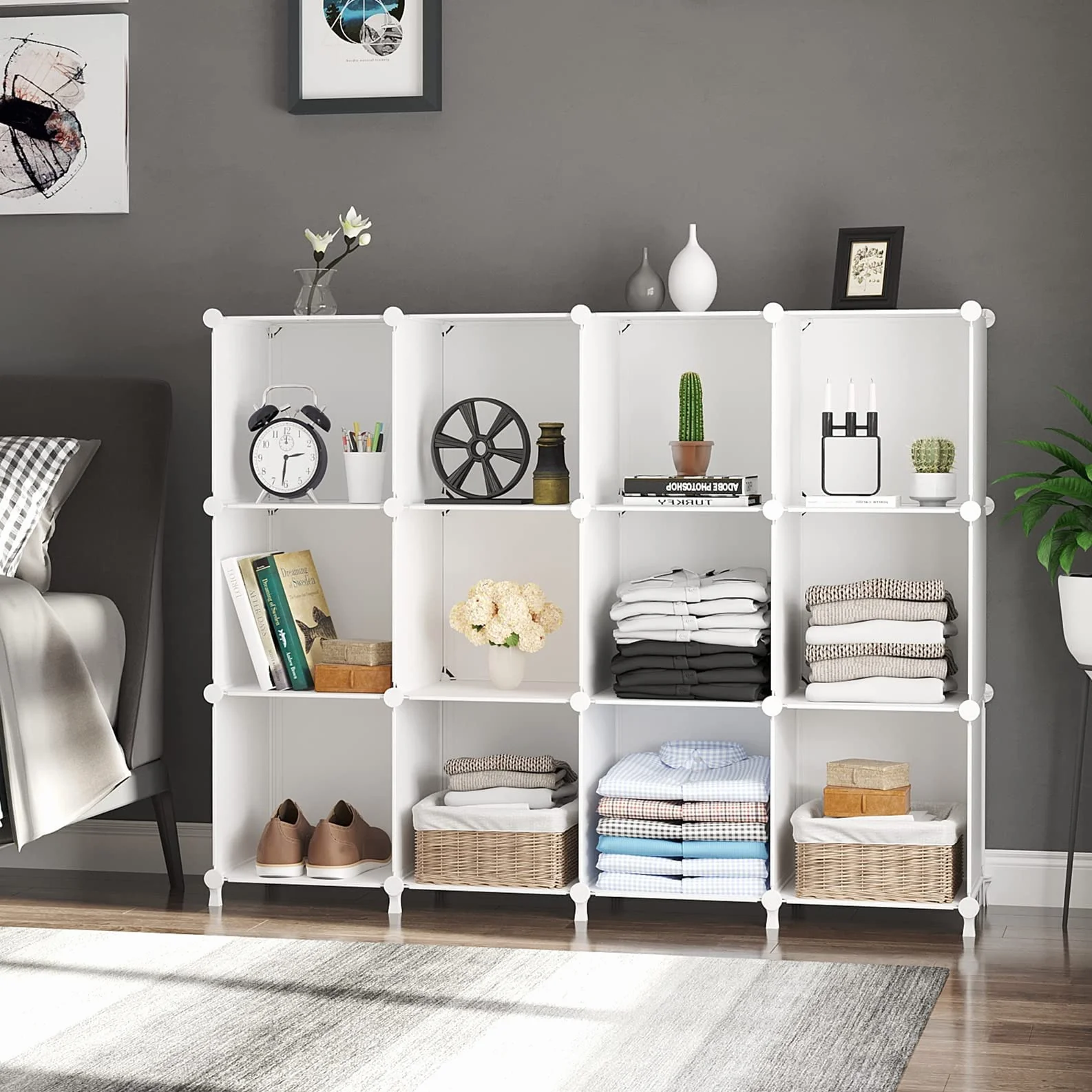 AWTATOS Organizador de almacenamiento modular de 12 cubos de plástico con estantería y mazo de madera
