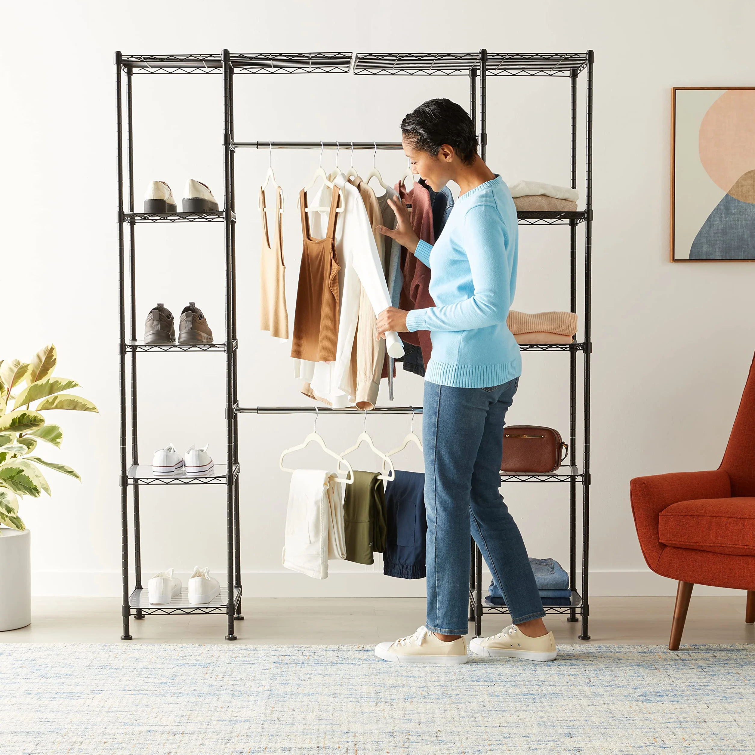 Amazon Basics Sistema organizador de armario extensible, Negro 144.8-203.2 x 35.6 x 182.9 cm