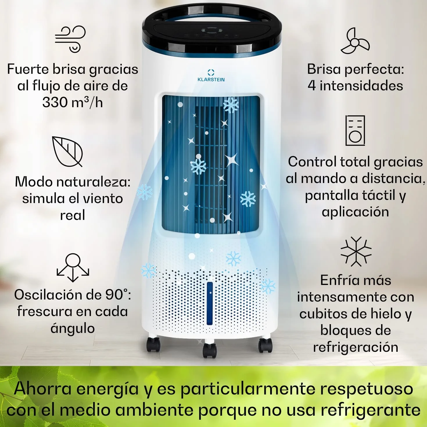 Klarstein IceWind Plus Climatizador Evaporativo – 4 en 1: Ventilador, Enfriador, Humidificador & Purificador, 330 m³/h, Control App & Alexa, Silencioso, Depósito 7L, Azul metalizado/Blanco