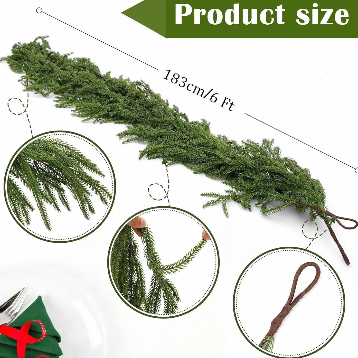 Laelfe 1 Pieza Guirnalda de Navidad Artificial, 183 cm Guirnalda de Pino de Norfolk Verdura Artificial de Toque Real para Decoración Navidad, Chimenea, Mesa, Puerta, Escaleras, Interior y Exterior