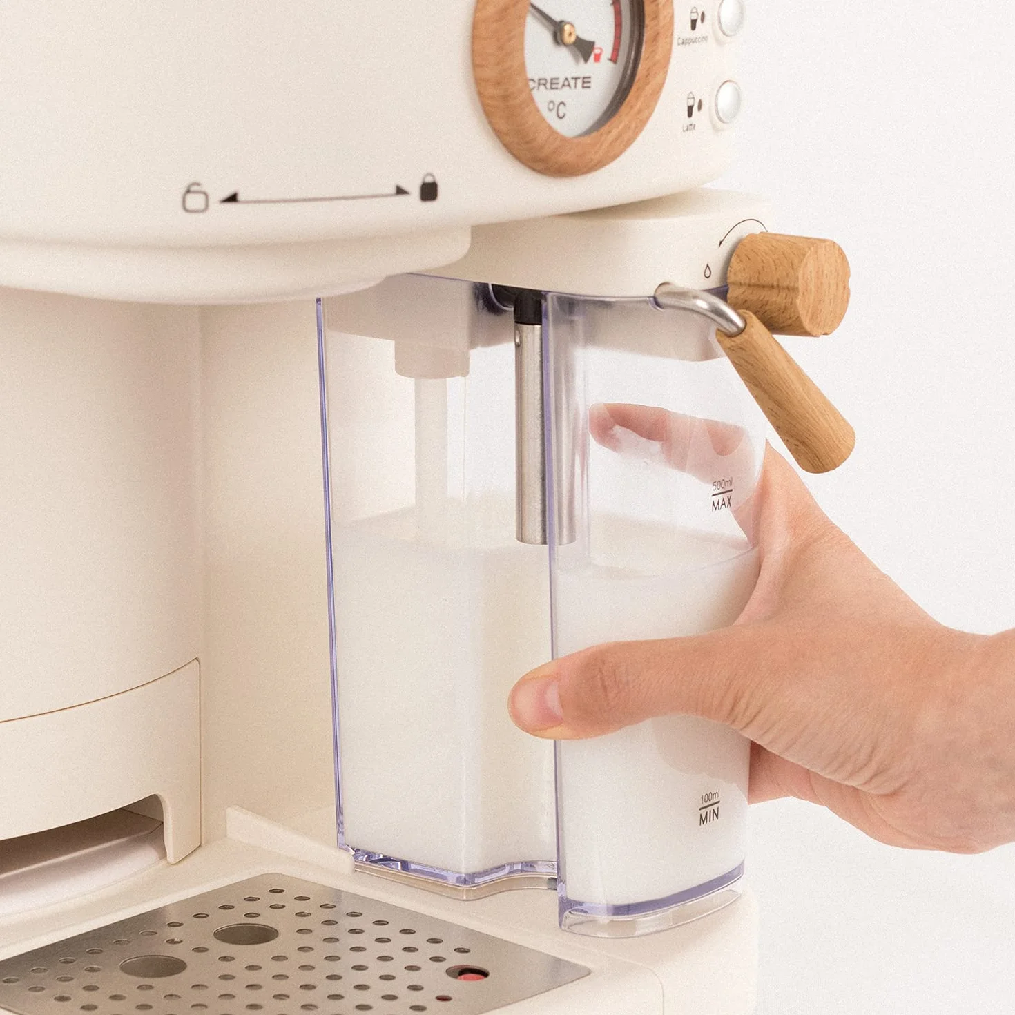 CREATE / THERA RETRO PRO/Cafetera Express semiautomática Blanco Roto / 20 bares, depósito de leche, bandeja de goteo, dos salidas,capacidad 1,5l, para café molido, 1250W