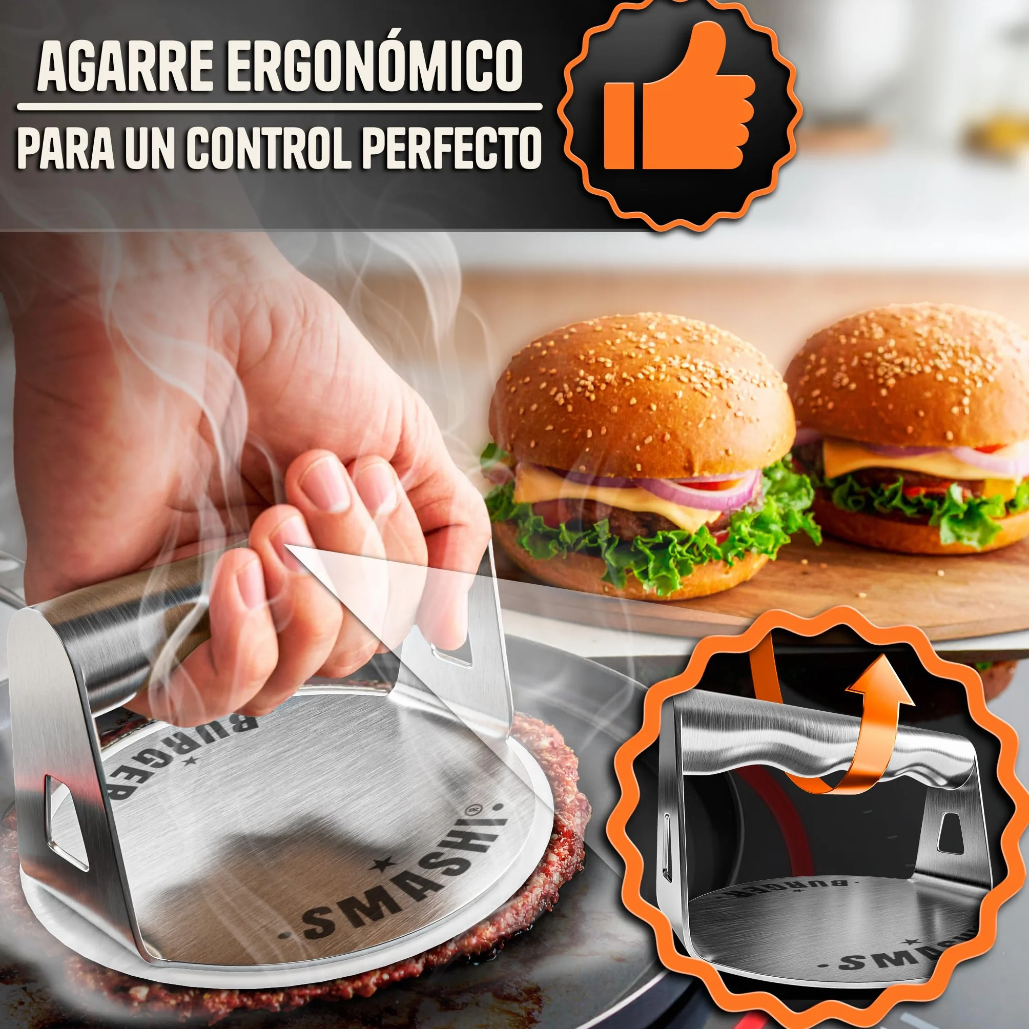 SMASHI® Smash Burger Kit Acero Inoxidable 304 Prensa Hamburguesas + Espátula + 50 Papeles