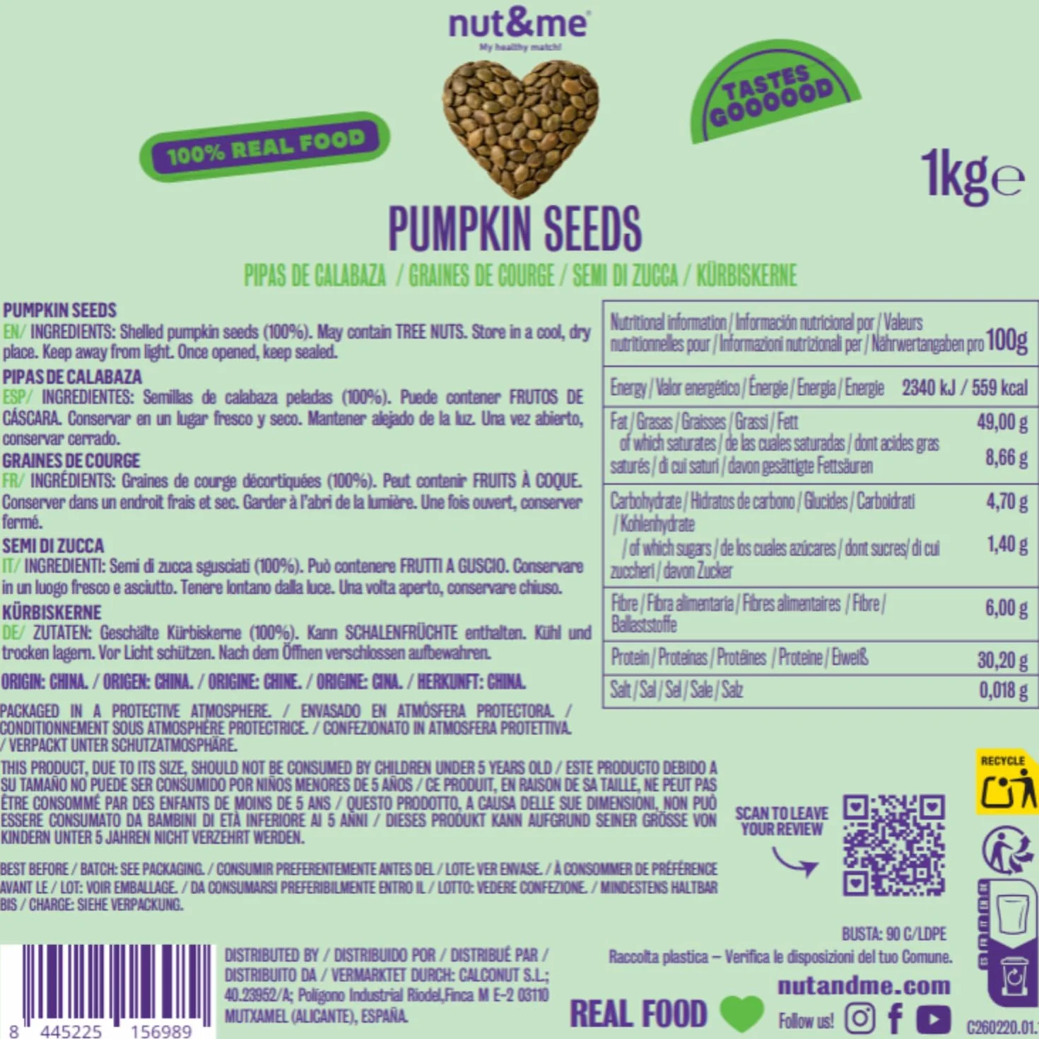 nut&me Semillas de calabaza 1 kg | Pipas de calabaza peladas naturales sin sal | Snack saludable Keto sin gluten
