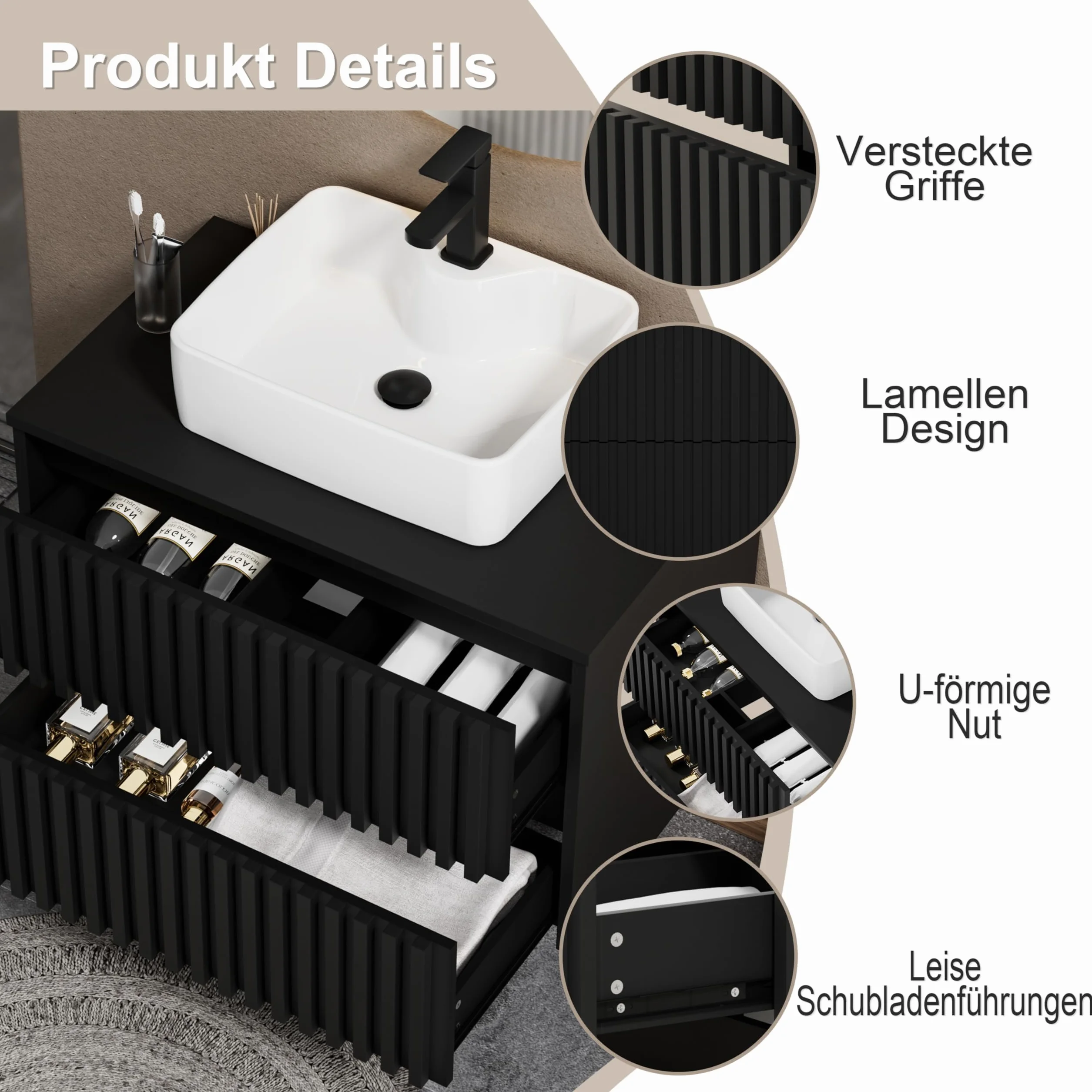 UEV Mueble de Baño 80CM con Lavabo de Cerámica, Mueble de Baño Suspendido Combina Elegancia y Funcionalidad, Lavabo con Mueble de Pared, Negro