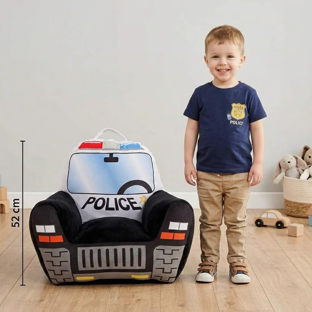 Creaciones Llopis Sillón Infantil para Niños y Niñas – Sillón Infantil Cómodo y Seguro, con Diseños de Vehículos (Policia Negro)