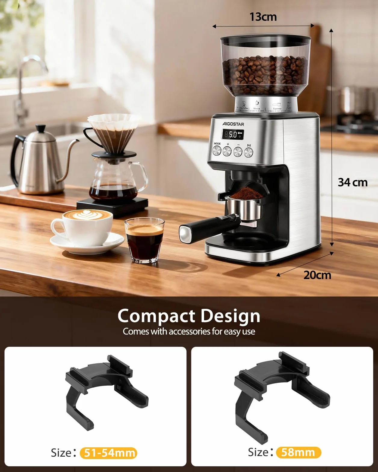 Aigostar Molinillo de Café Eléctrico, 52 Ajustes de Molido Molinillo Café de Cono, Grinder Electrico Para Café Espresso, Moledor Profesional con Pantalla Lcd Digital Precisa, Acero inoxidable, Plata