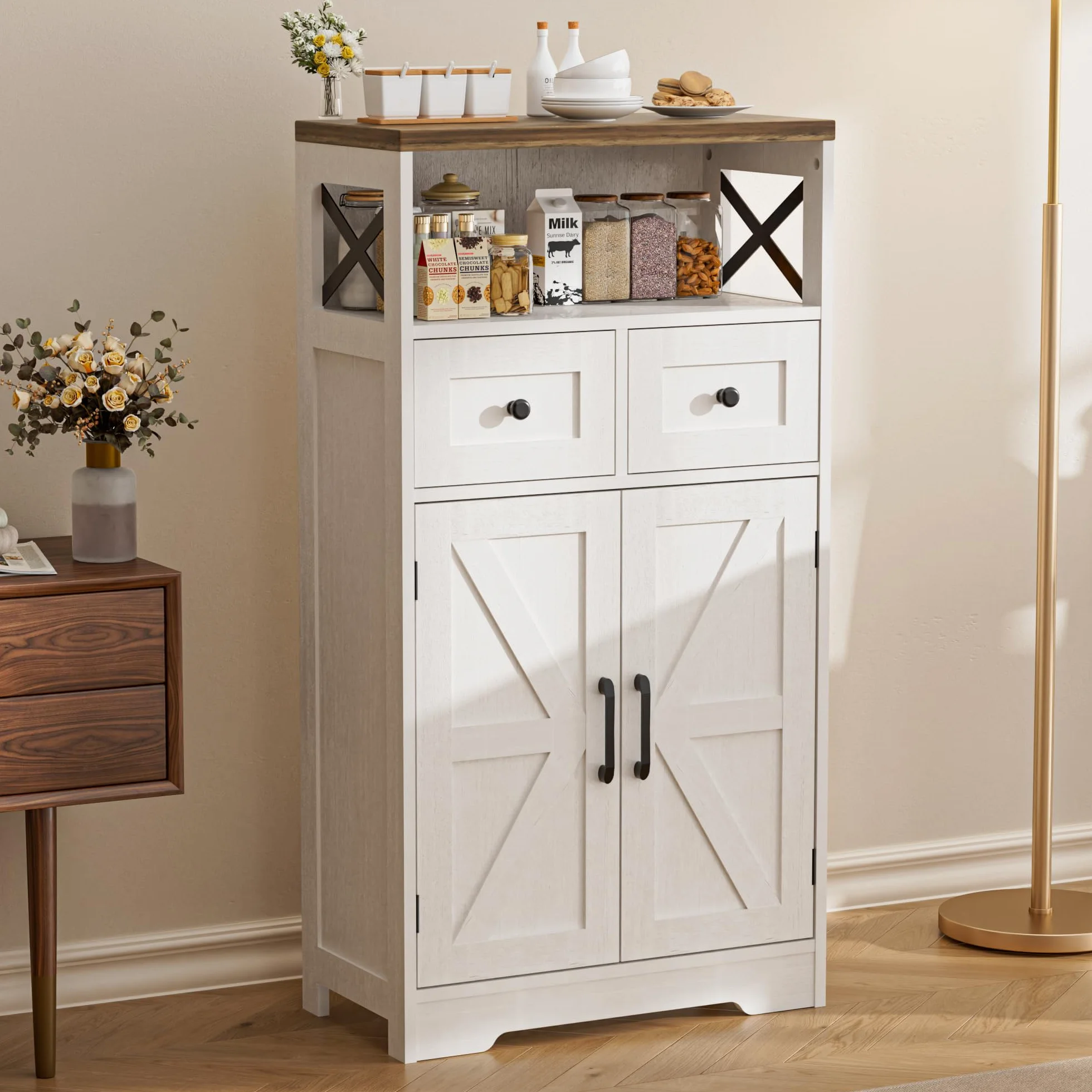 BonVache Aparador, armario de cocina con cajones, armario de almacenamiento, aparador con estante abierto, gabinete de cafetería para cocina, comedor, sala de estar, 58 x 29 x 108 cm, Blanco