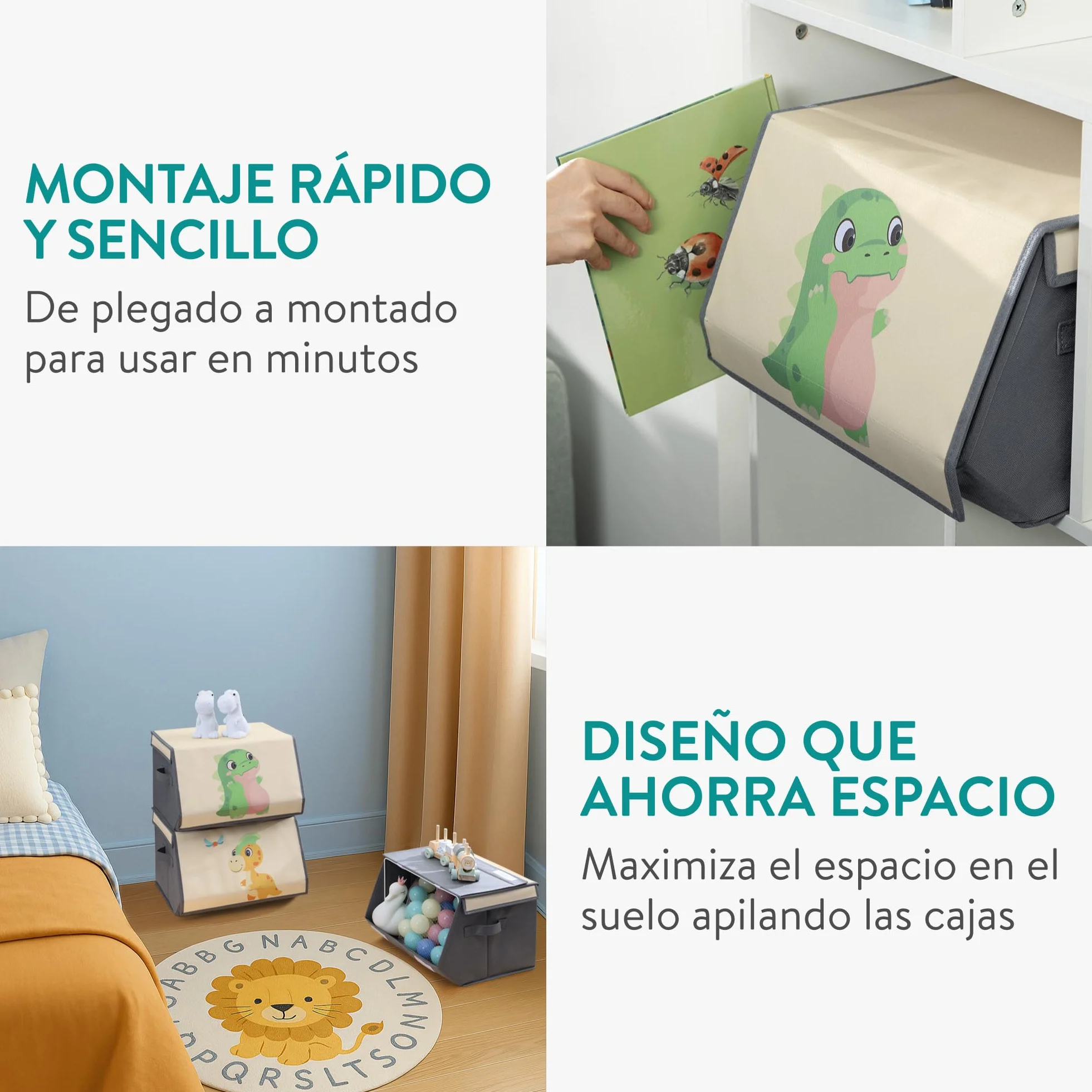 Navaris Organizador Juguetes Infantil - 3x Caja Almacenaje Juguetes Infantil 38 x 35 x 25 cm - Cajas Apilables Dinosaurios para Cuarto de Juegos y Habitación de Niños