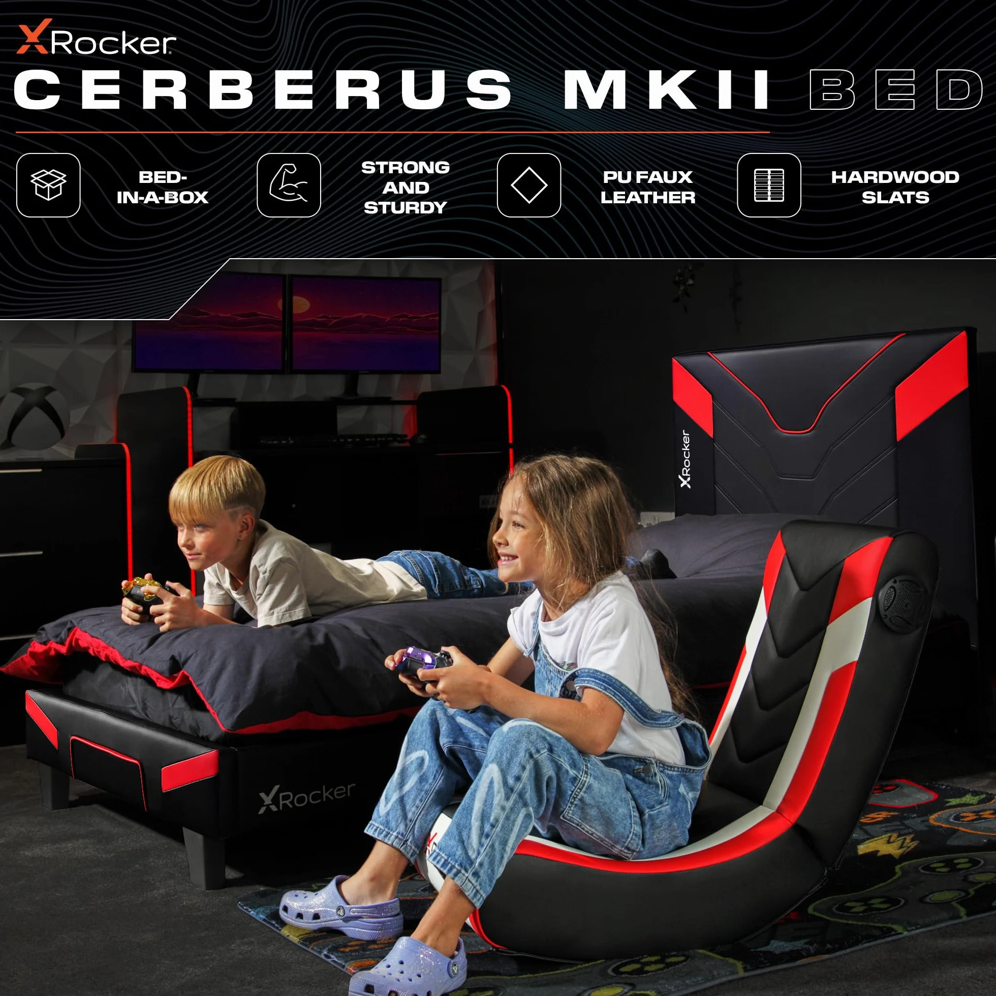 X-Rocker Cerberus MKII - Marco de cama individual tapizado para juegos, paquete plano para un fácil montaje, comodidad transpirable, listones de madera, piel sintética fácil de limpiar, para niños y