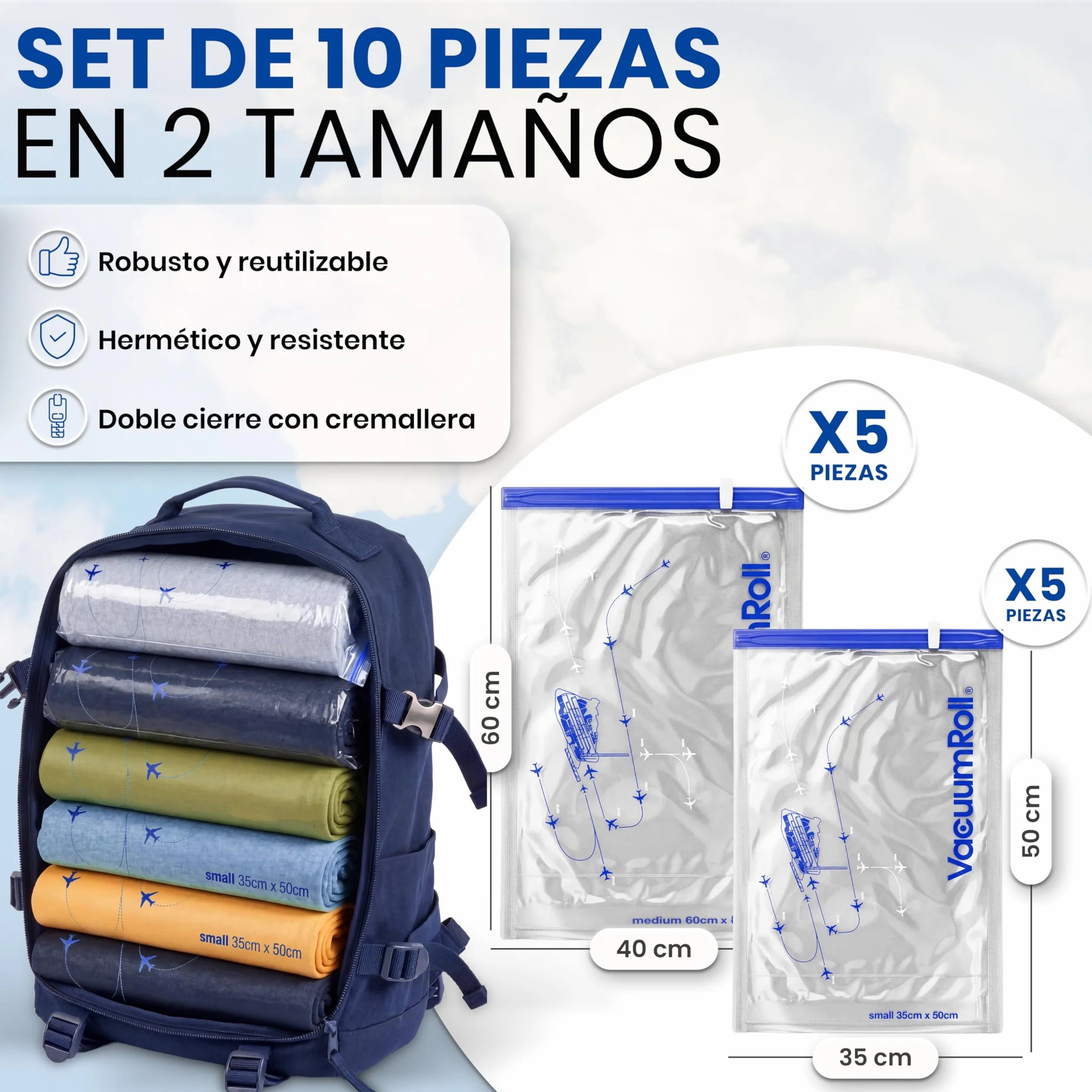 Bolsas de Compresión para Viajar myHodo, 10 Piezas (5x 60x40cm 5x 50x35cm), Almacenamiento al Vacío