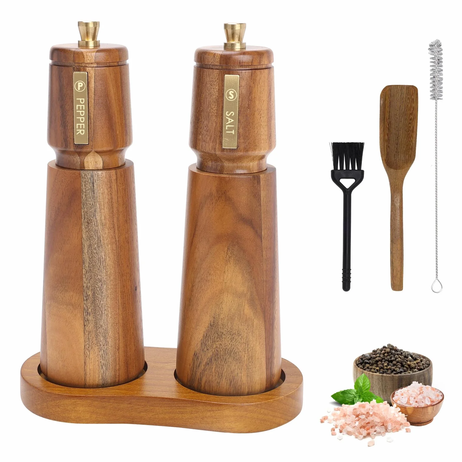 Juego de Molinillo Pimienta Madera con Bandeja, 2 Molinillo Especias Manual, Grueso Ajustable, Rotor de Cerámica para Moler, para Chile, Lila, Pimienta, Sal, 8 Pulgadas, (Marrón+Marrón)