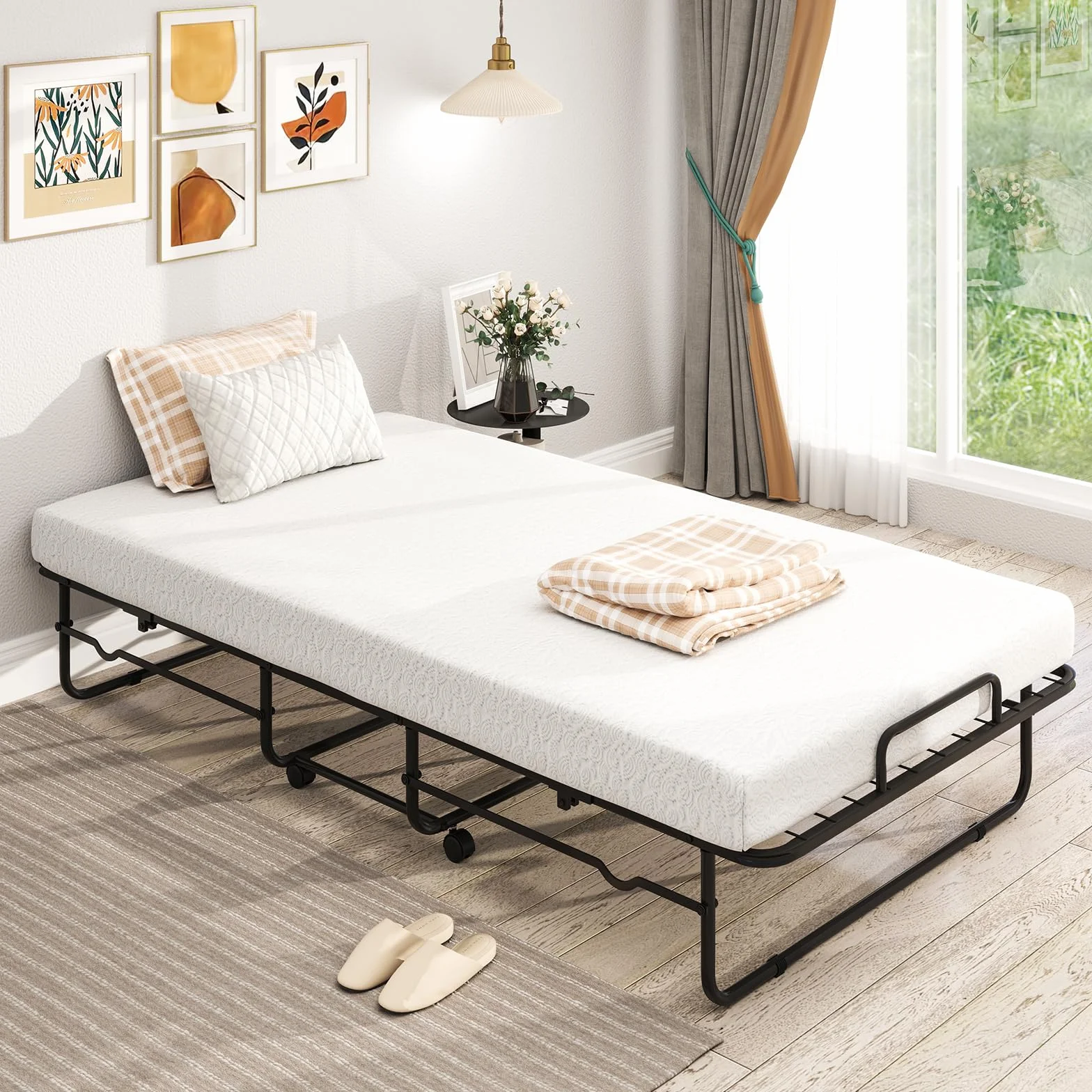 COSTWAY Cama Plegable 90 x 190 con Colchón, Cama Supletoria Plegable con Espuma de Memoria y Estructura Metálica, Individual de Invitado, Carga 220kg