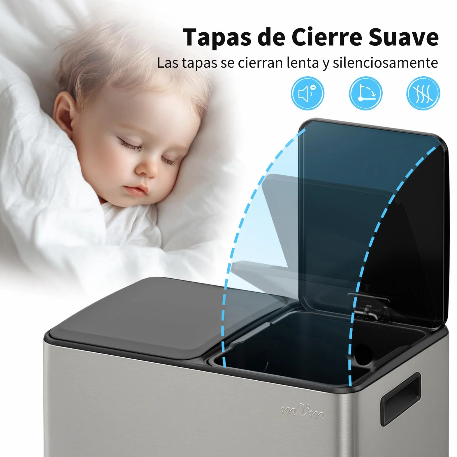 mVm Cubo de Basura para la Cocina, 2 Compartimentos 2 x 30L Cubo de Basura Cocina, Papelera Moderna y Robusta, Cierre Suave, para Cocina, Salón, Gris