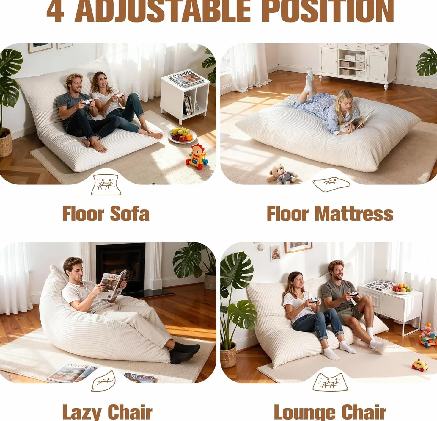 NALONE Puff Salon con Relleno Incluido de Lujo XXXL, 4-en-1 Sofa Puf Gigante Sillón De Bean Bag De 195 cm, Piso con Cubierta De Franela Y Lavable para Dormitorio Y Salón (Blanco)