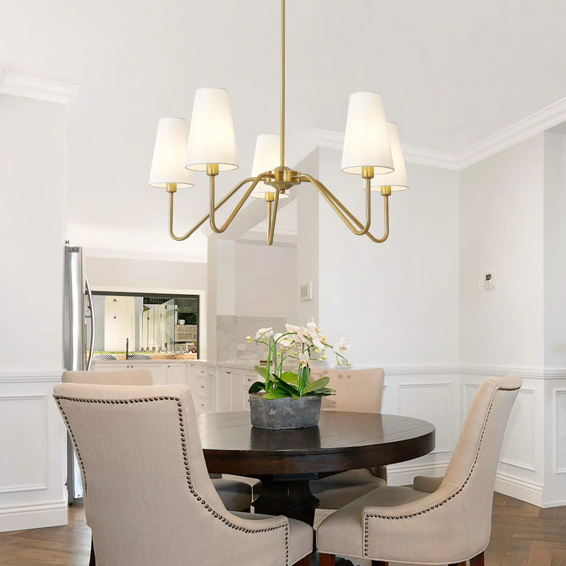 Moderna lámpara de salón lineal suspensión luminaria para isla de cocina con pantalla de tela blanca, suspensión regulable en altura para sala de estar dormitorio pasillo(dorado 5 heads)