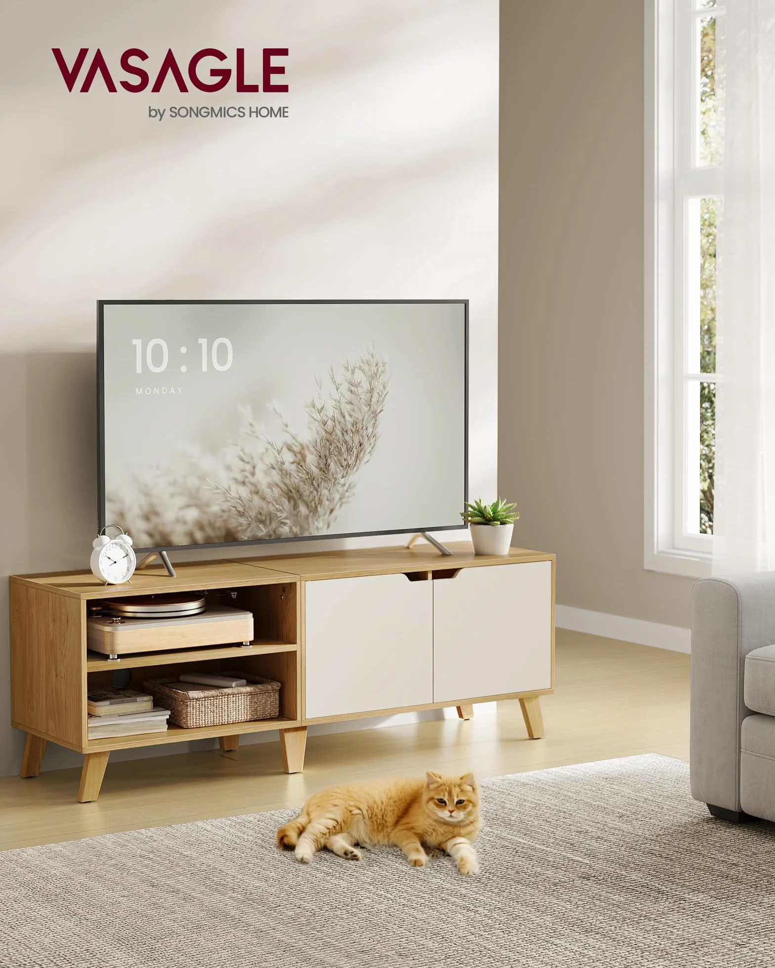 VASAGLE Mueble de TV de 2 Puertas, Soporte con Estantes Ajustables, 140 cm, para TV de 60 Pulgadas, Roble Natural y Blanco Crema LTV027N01