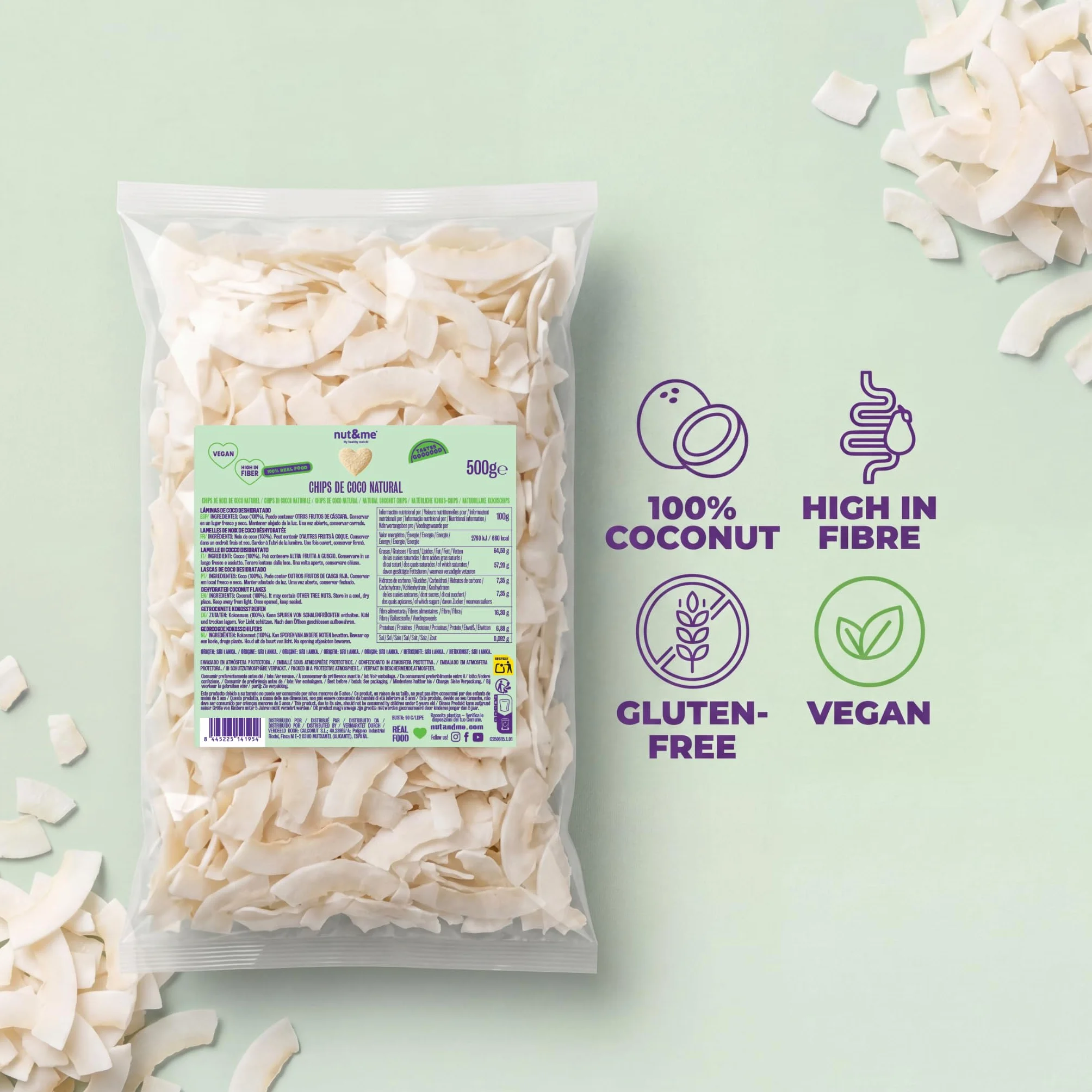 Natural Chips de Coco 500 g Tostado Laminado Sin Azúcar Vegano Sin Gluten Snack Saludable