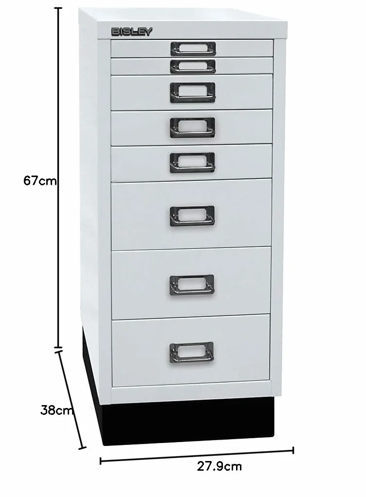 BISLEY MultiDrawer Serie 29 con Base, DIN A4, 8 cajones, Metal, 645 Gris Claro, 38 x 27,9 x 67 cm
