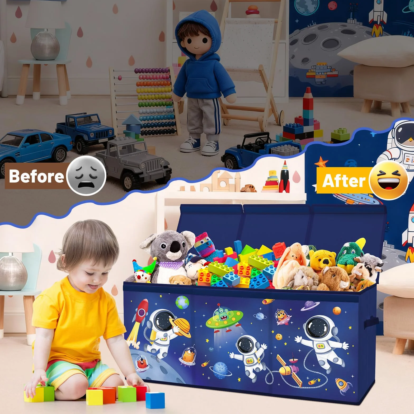 Caja de Almacenaje Juguetes,Baúl de Juguetes Infantil Plegables Grandes con Tapas y Asas para Niños Niñas, Dormitorio, Sala de Juegos, Guardería, Astronauta