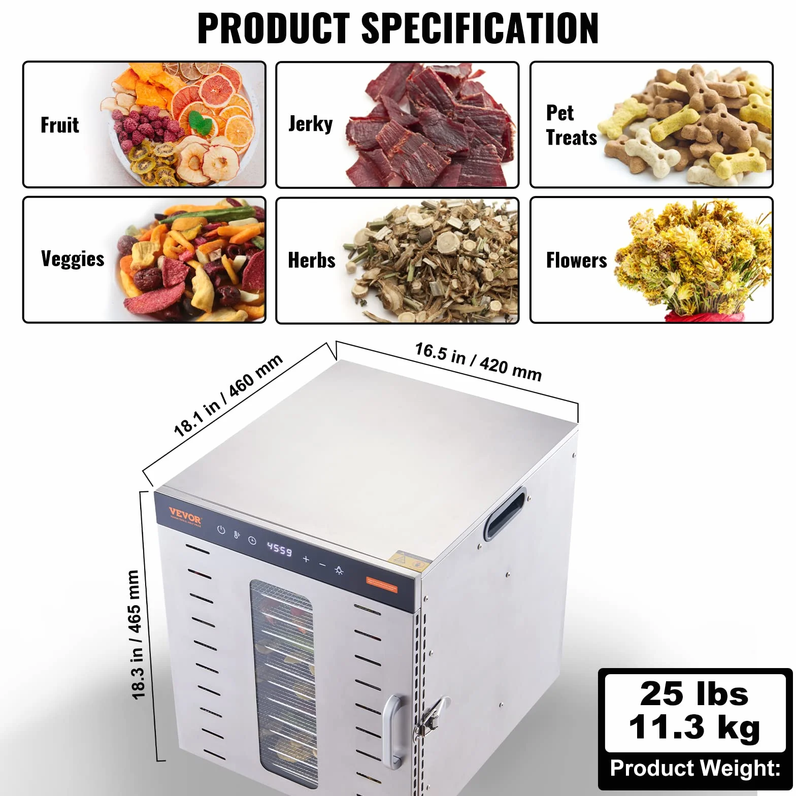 VEVOR Máquina Deshidratadora de Alimentos 10 Bandejas Acero Inoxidable 1000 W Temperatura Ajustable 30-90 °C Temporizador 0,5-48 h
