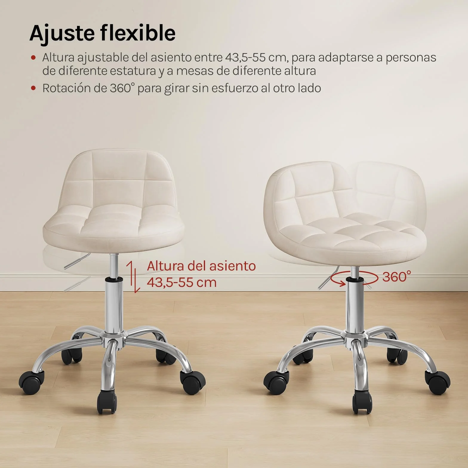 WOLTU Silla de Tocador Terciopelo, Taburete Giratorio con Respaldo Bajo, Altura Regulable 43,5-55 cm, Estructura Metálica Crema