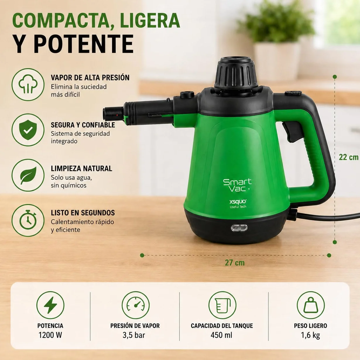 Limpiador a Vapor Multiusos Portátil 1200W 5 en 1 Presurizada con Accesorios - Xsquo