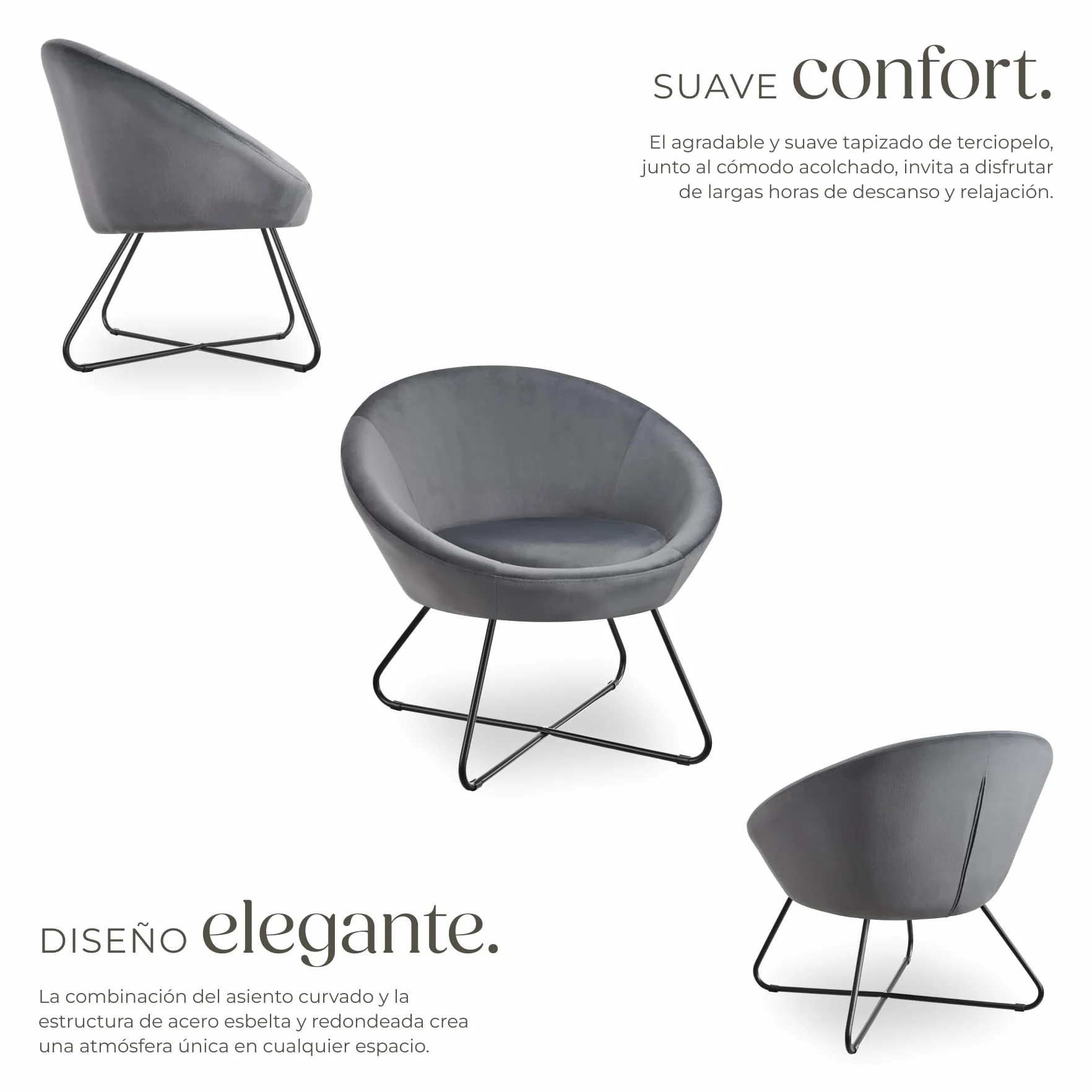 tectake® Sillón de Cóctel Redondo, Estilo Escandinavo, Respaldo Continuo, Acolchado con Espuma de Alta Densidad, Sillón Relax, Muebles Salón, Butacas Dormitorio, Silla Tapizada - Terciopelo Antracita
