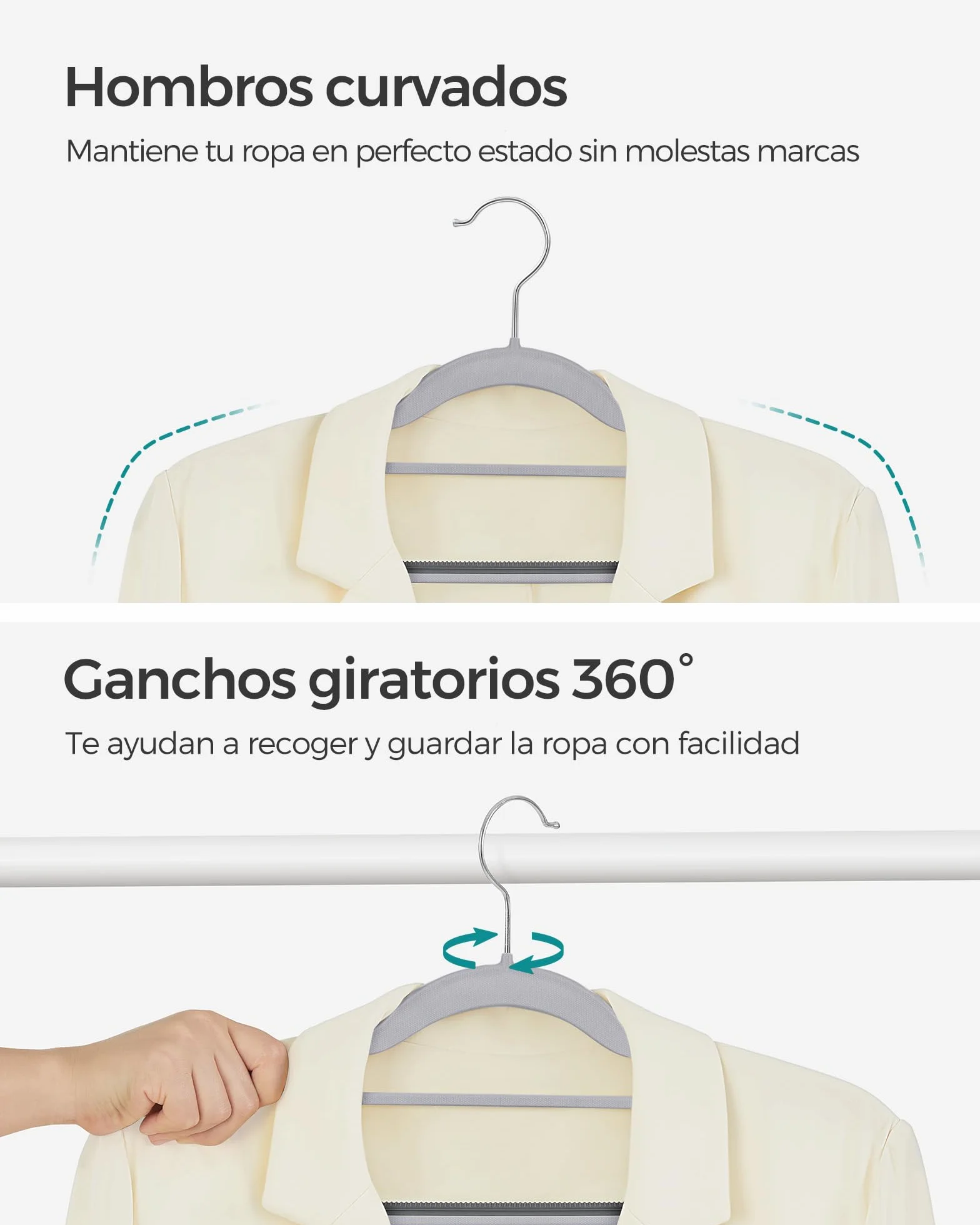 SONGMICS Juego de 50 Perchas, Perchas de PlÁstico, Antideslizantes, Ahorra Espacio, 0,5 cm de Grosor, 42 cm de Largo, Gancho Plata Giratorio de 360°, Gris Claro y Gris Oscuro CRP20G50