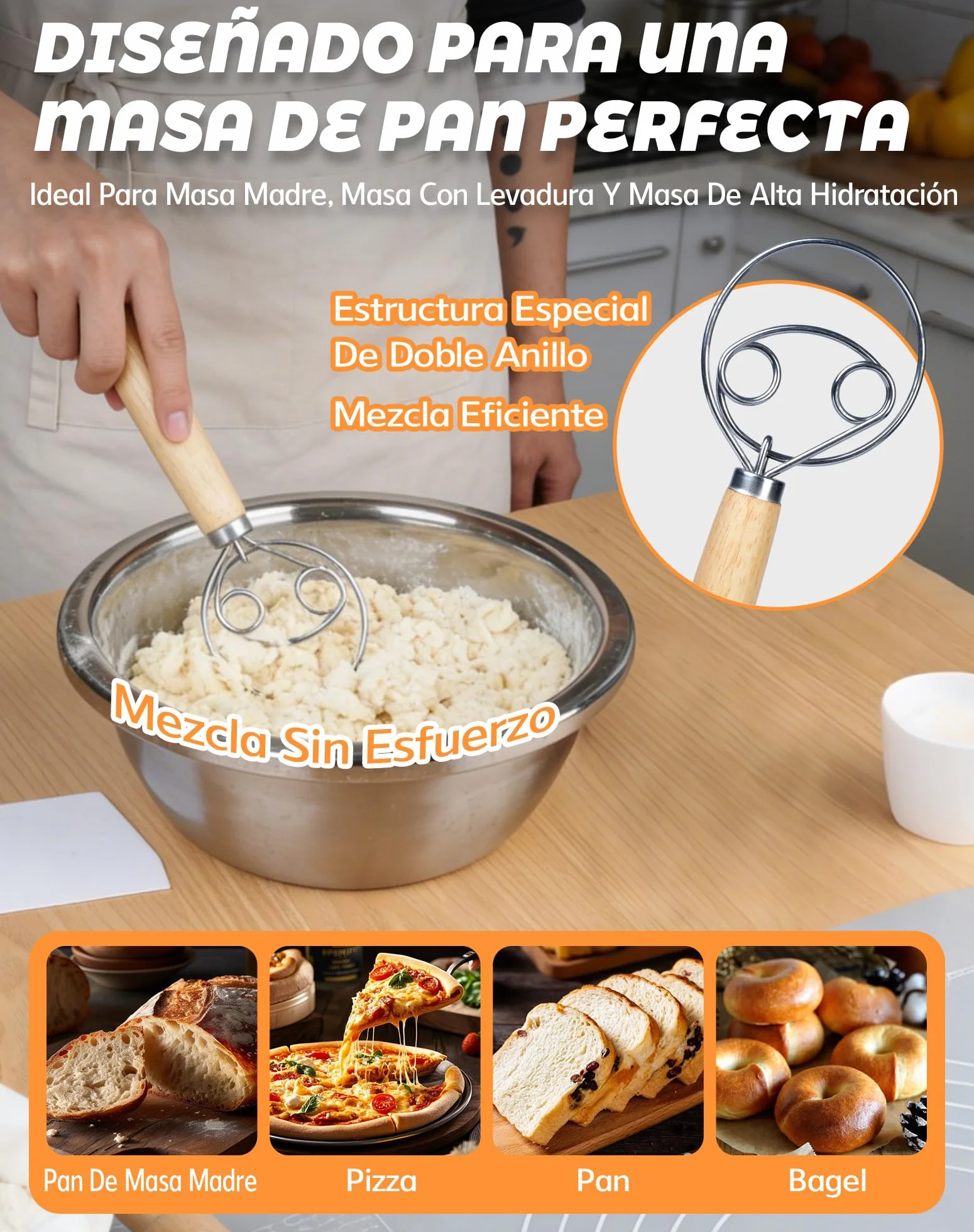 Kit Panadería 5 Piezas con Cuchilla para Pan, 2 Cuchillas Panadero Recta Curva con 20 Hojas de Repuesto, Batidor Danés, Rasqueta y Pincel, Accesorios para Masa Madre y Pan Artesanal, Acero Inoxidable