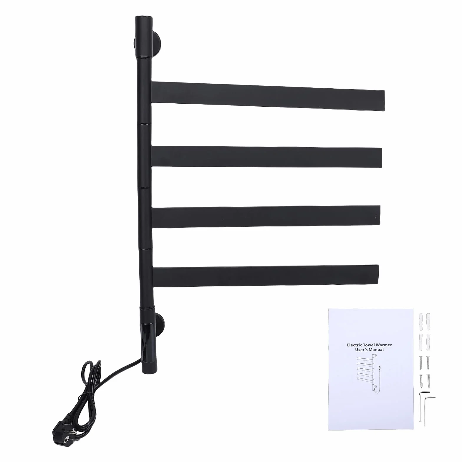 FTVOGUE Toallero Eléctrico Inteligente con Calefacción, Calentador de Toallas con Calefacción de 75 W, Calentamiento Rápido, 4 Brazos Giratorios de 180° con (Tubo Cuadrado Negro Giratorio (Enchufe