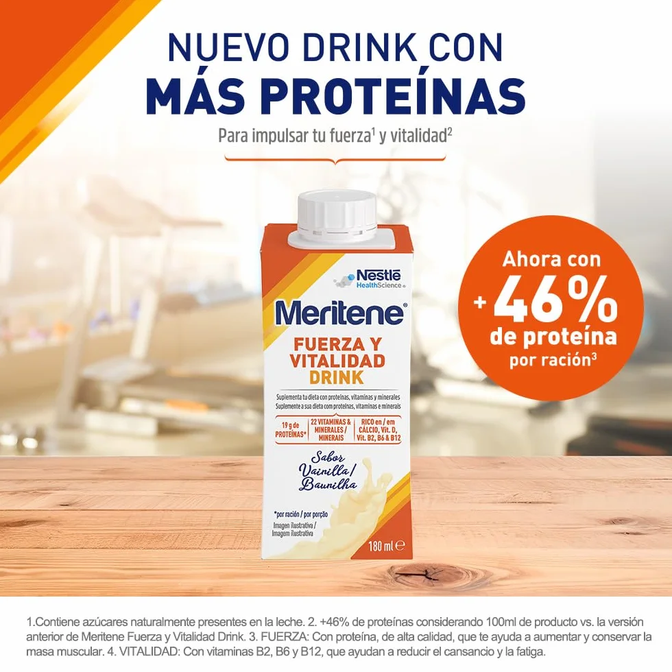 Meritene Fuerza y Vitalidad Drink Vainilla Listo para Tomar Batido con Proteínas Vitaminas y Minerales 12 x 180 ml