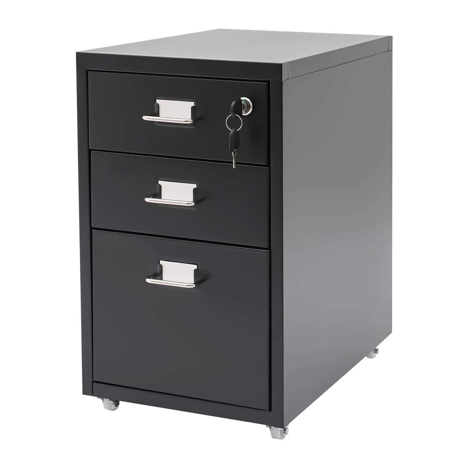 Cómoda archivador de metal con 3 cajones, armario de oficina con ruedas, armario de almacenamiento, para salón, dormitorio, estudio, 28 x 41 x 46,5 cm, color negro