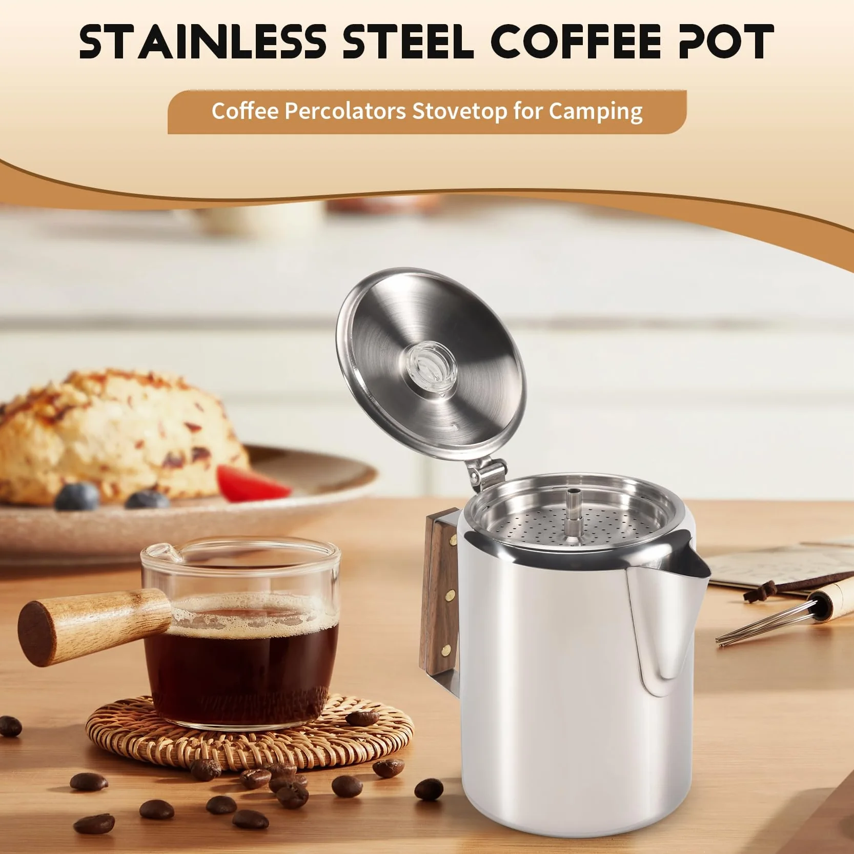 Cafetera de Acero Inoxidable 9 Tazas para Camping y Hogar