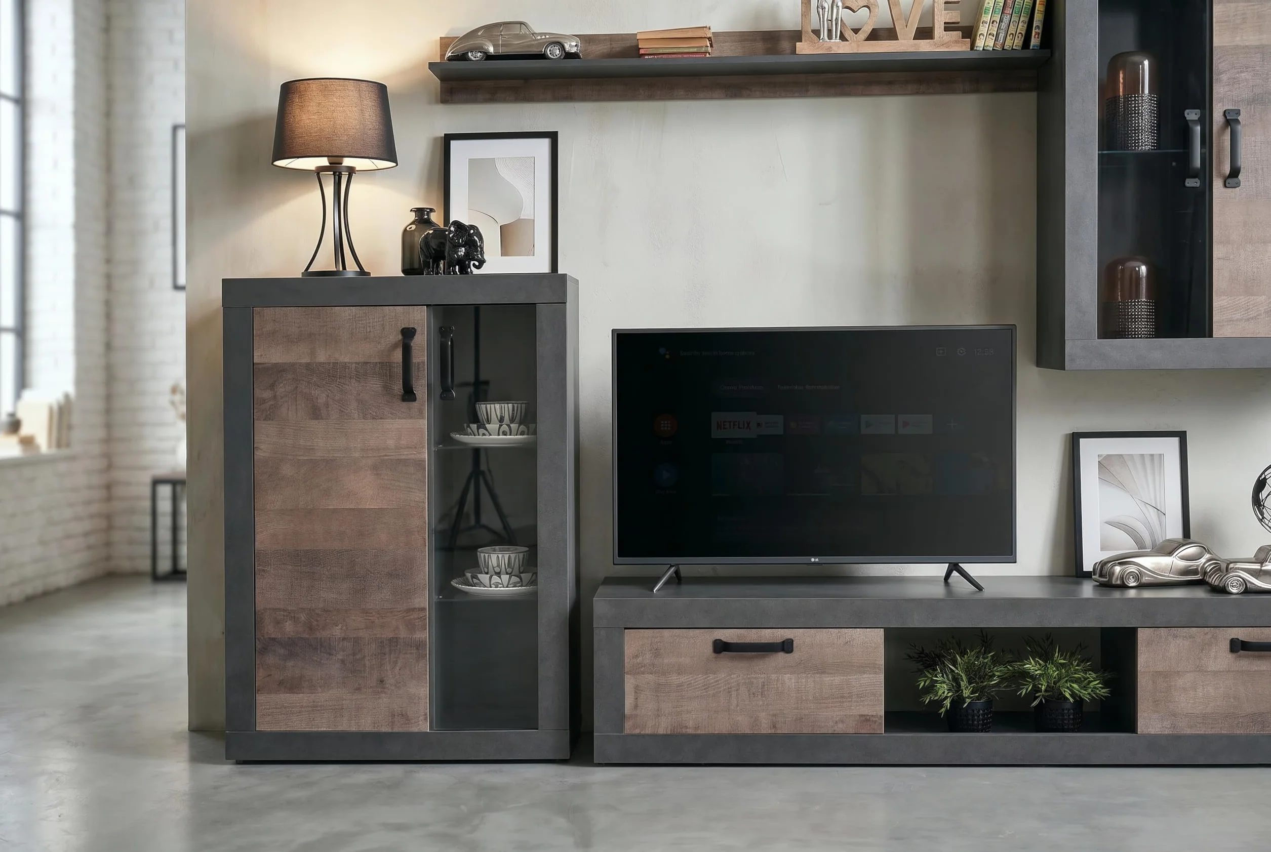 Homely - Mueble de Salón Modular Duke | Conjunto 4 Muebles 300 cm. | Muebles Salón Completo | Mueble para Televisión + Mueble Bajo + Mueble Alto + Estantería Alta | Color Nogal y Grafito