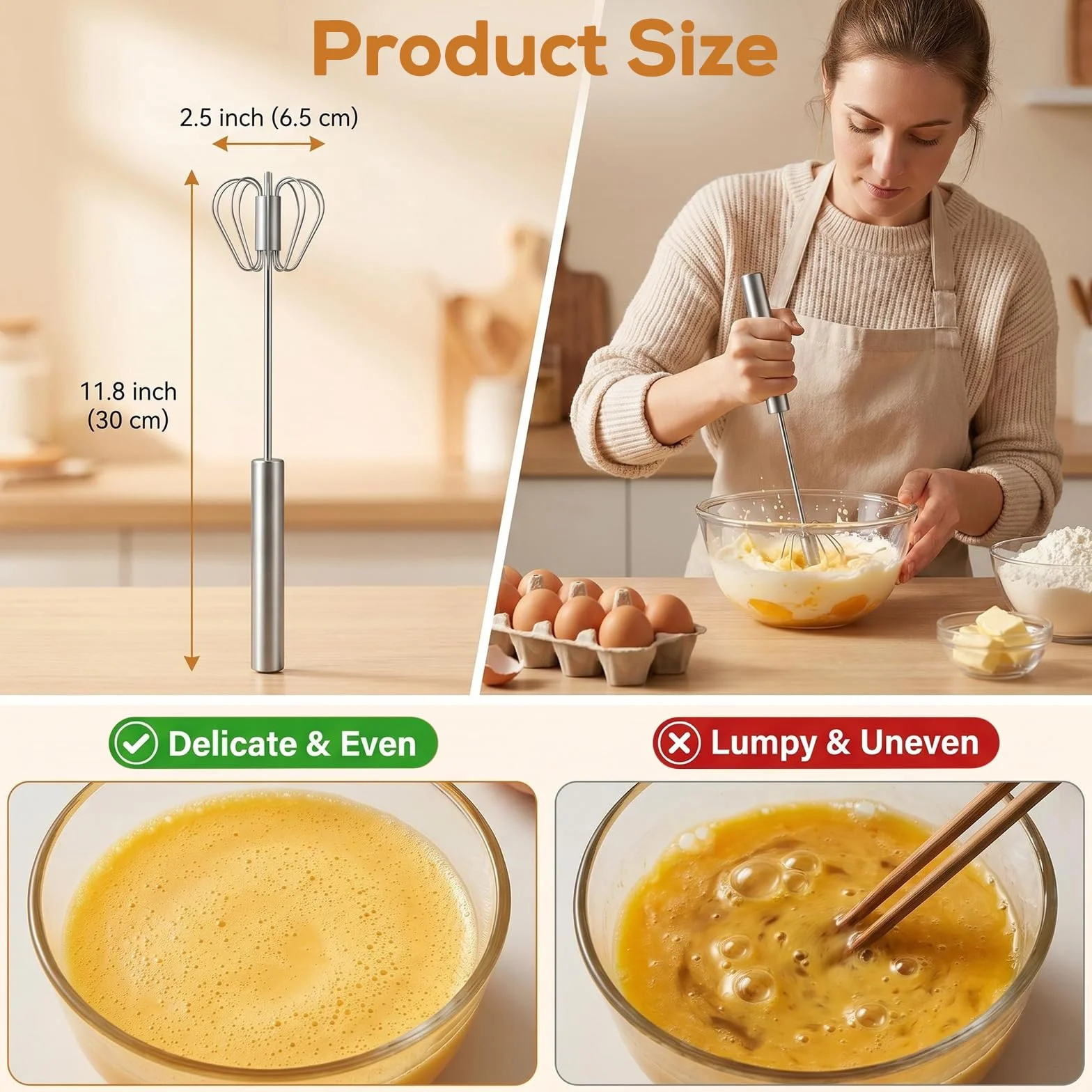Batidor Manual semiautomático de Acero Inoxidable, Varillas Cocina Multifuncional para batir Huevos, espumar Leche y Mezclar Ingredientes en el hogar