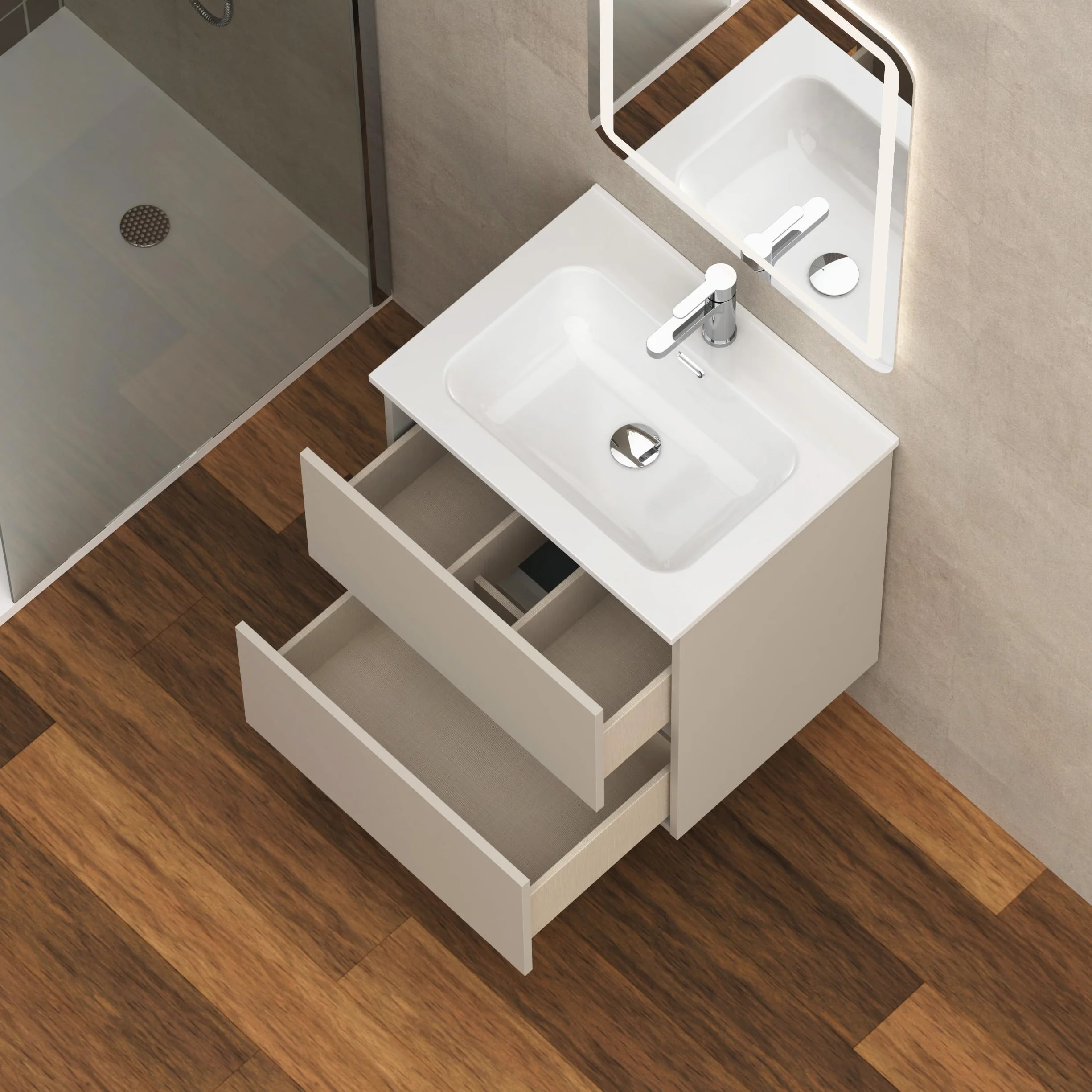 Baikal Mueble de Baño Klay. Mueble MONTADO. 2 Cajones Suspendido con Lavabo. Armario de Baño. Lavabo Ceramico. 70cm Visón.