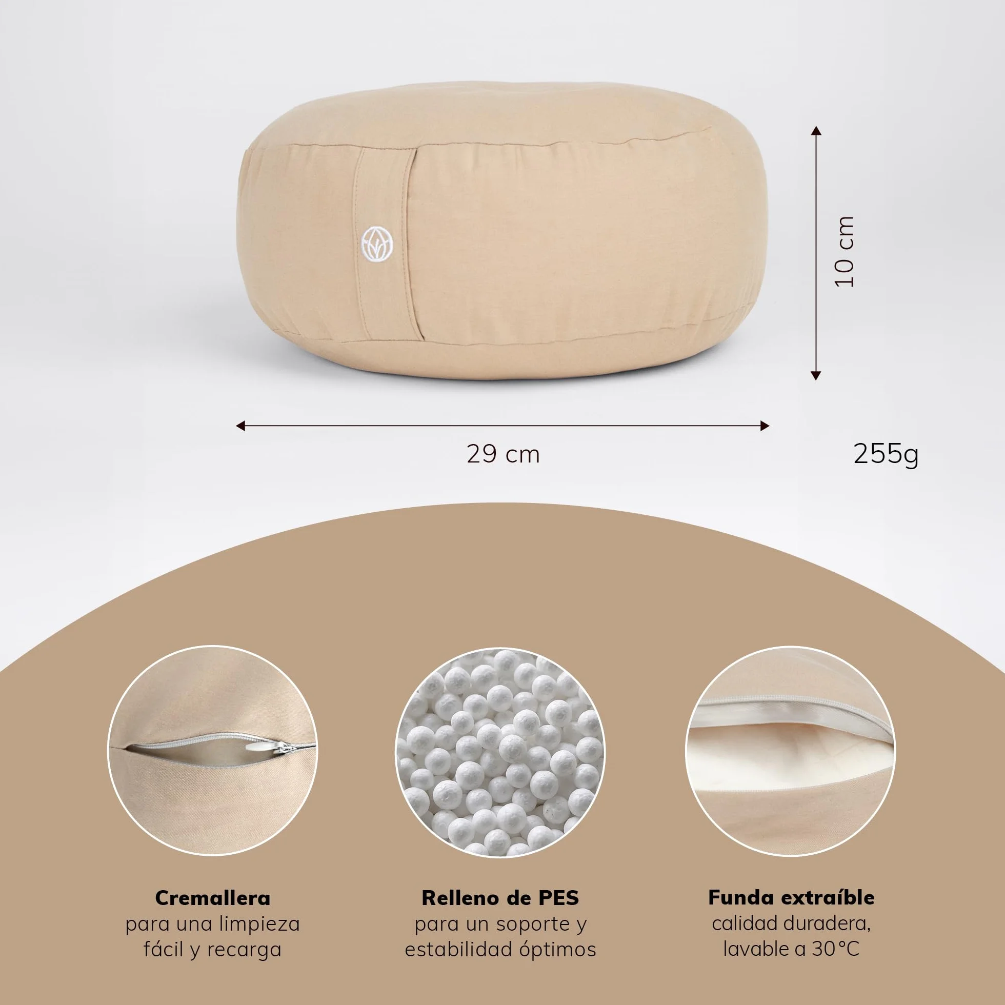 Cojín Yoga Meditación Redondo 29 cm 10 cm Plano 255 g Ligero Beige