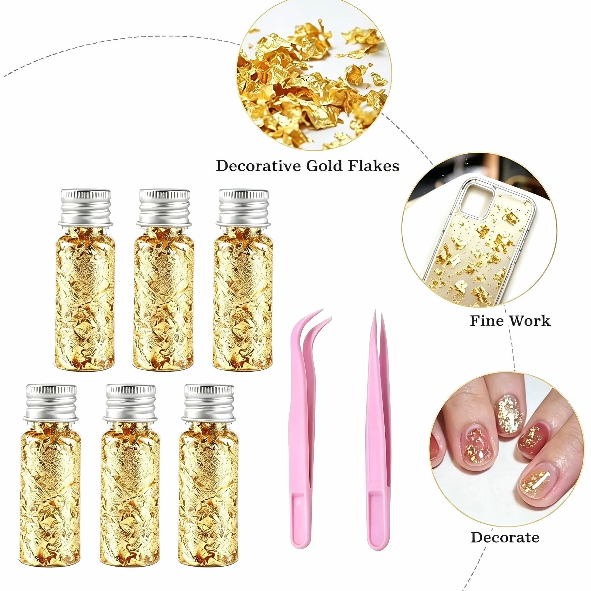 6 Botellas Copos de Lámina de Oro, Hojas de Pan de Oro Decorativo para Embotellado y Manicura
