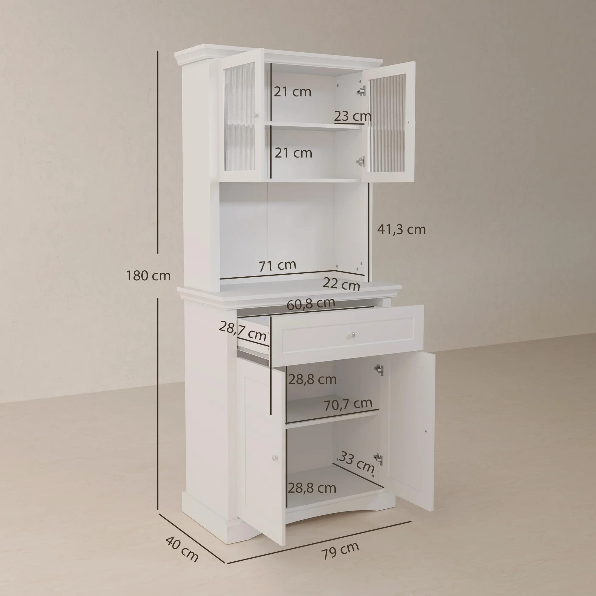HOMCOM Alacena de Cocina Moderna Armario de Cocina con 1 Cajón 2 Puertas de Vidrio y Estantes Ajustables Carga 50 kg para Comedor Salón 79x40x180 cm Blanco