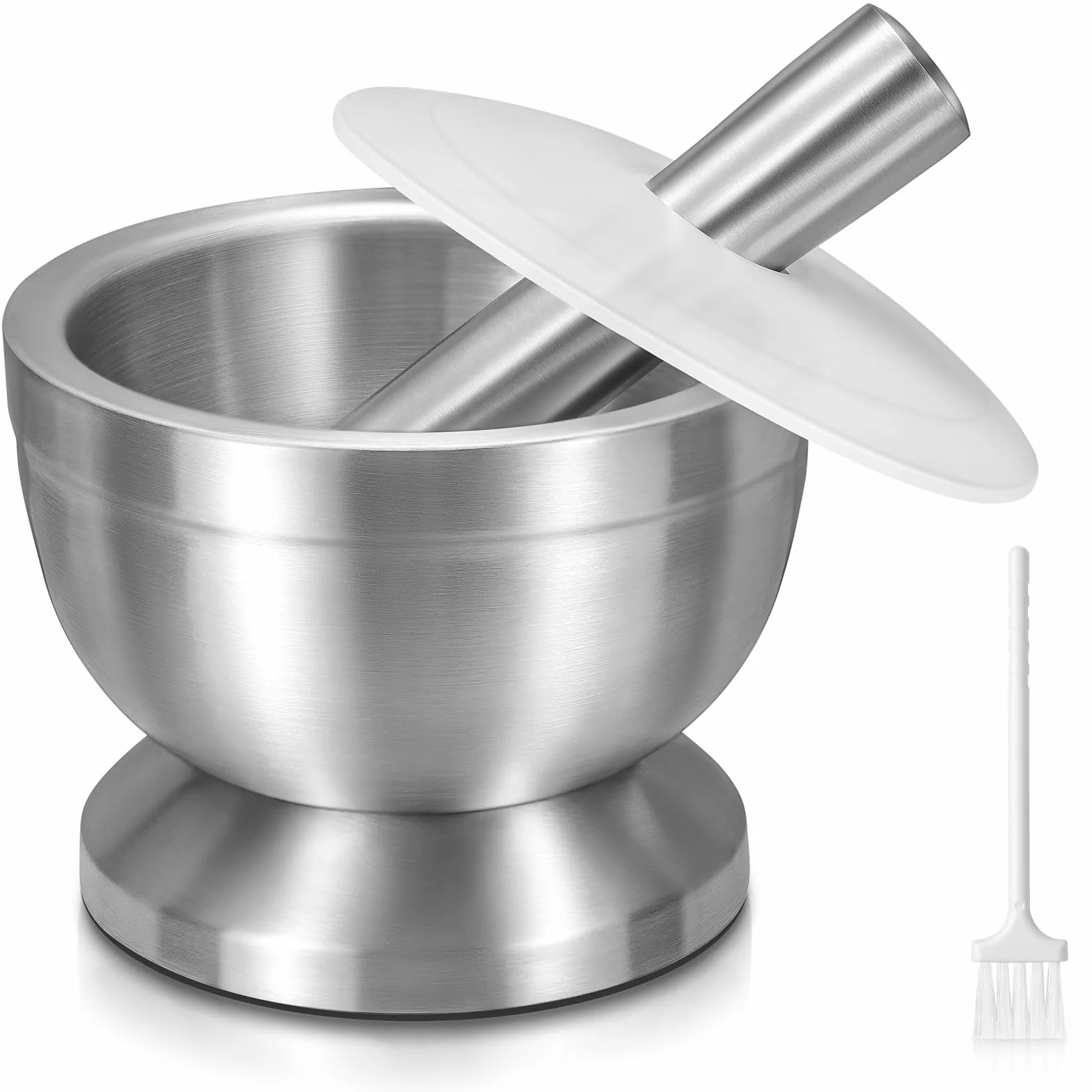 Sopito Mortero con mortero, 380 ml, de acero inoxidable, con tapa, cepillo, base antideslizante para moler hierbas, especias, píldoras, 11,7 cm de diámetro