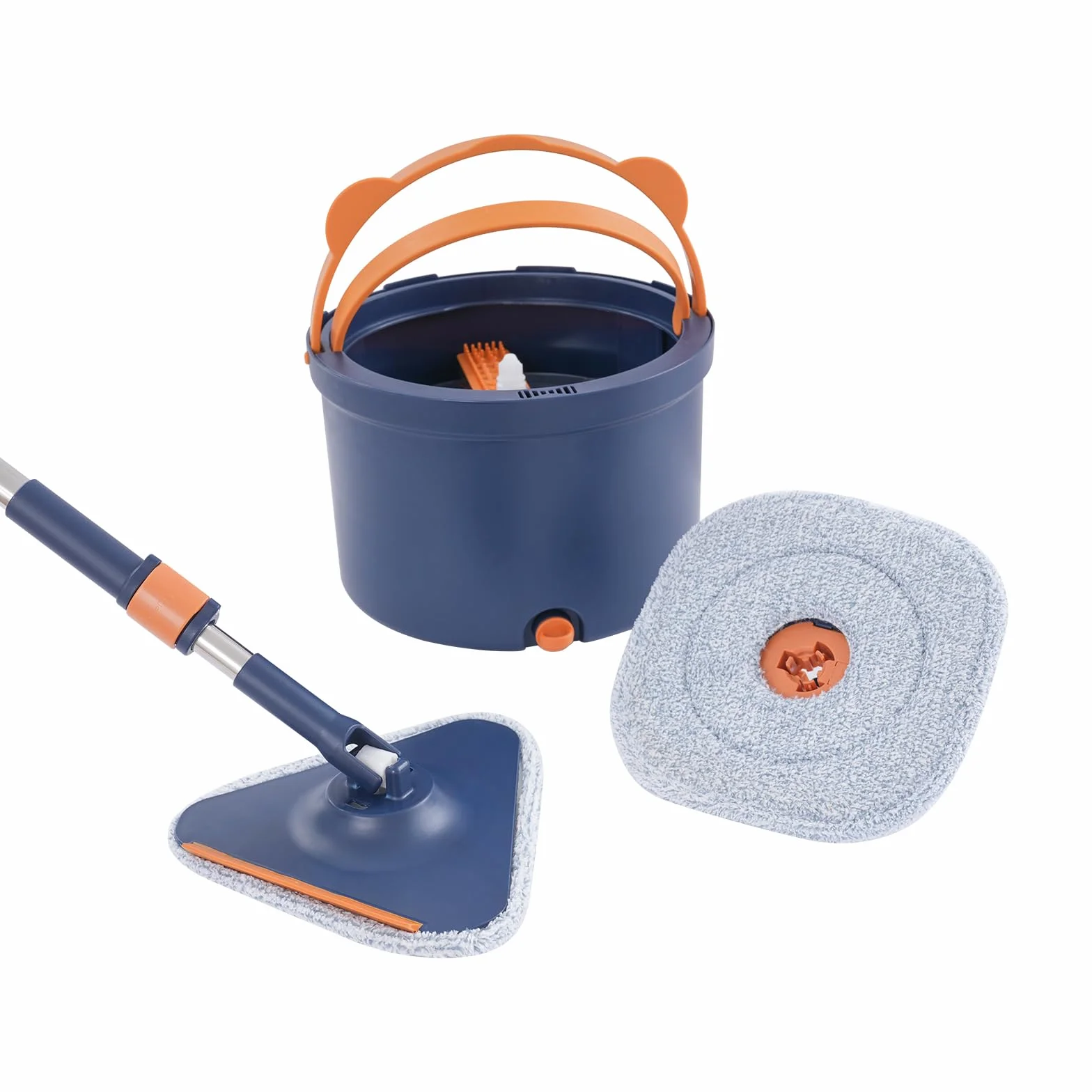 Juego de fregona con cubo, mopas húmedas y secas para el hogar, fregona giratoria 360°, sistema de 2 cámaras, sistema de autoseparación de suciedad y agua limpia, minas de repuesto triangulares