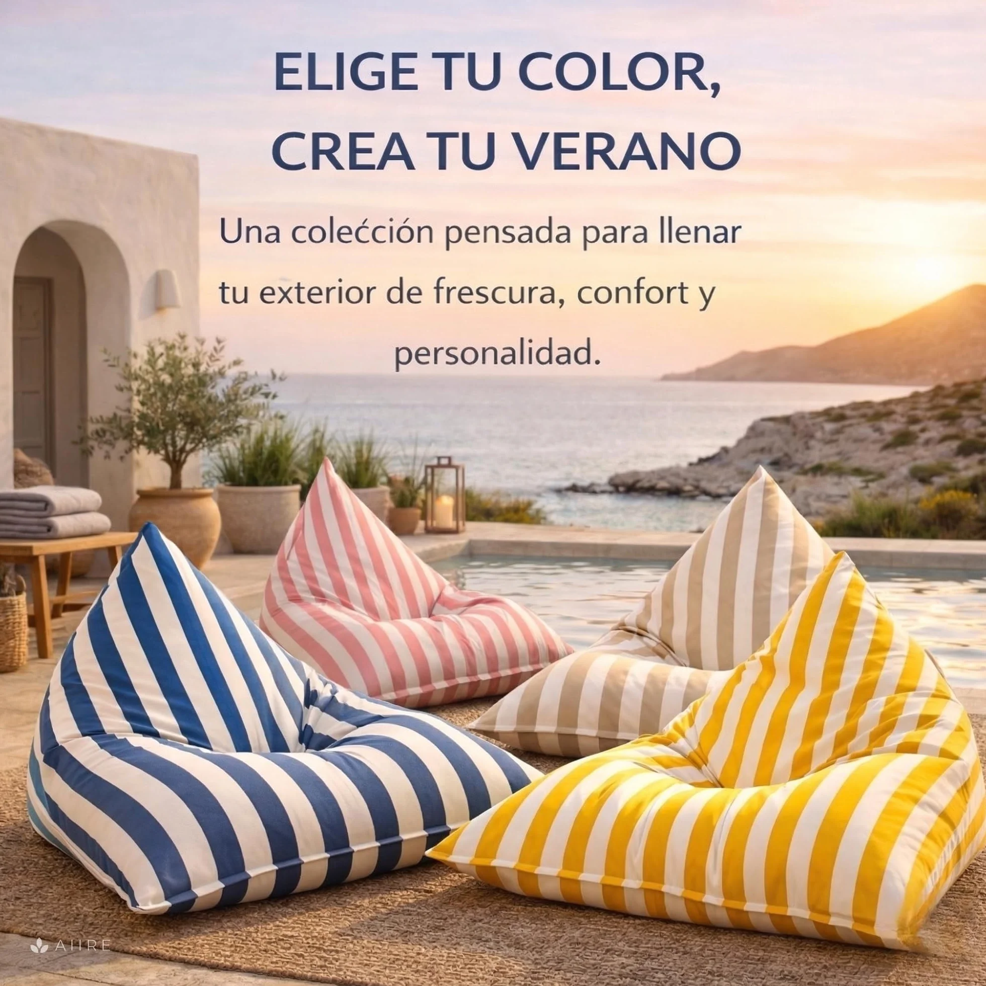 Aiire Puff Exterior Jardín con Relleno Incluido - Tejido Olefina Premium, Desenfundable y Lavable - Sofá Exterior para Playa, Terraza o Piscina - Puff Gigante XXL Azul