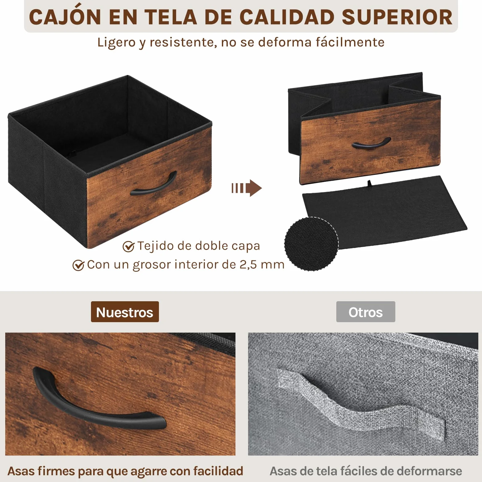 WOLTU Cómoda de 9 Cajones de Tela, Cómoda con Enchufes y Luz LED, 3 Ganchos, Cajonera de Almacenaje para Salon Oficina y Dormitorio, Marco de Metal, 110x30x83,5 cm, Marrón Rústico+Negro