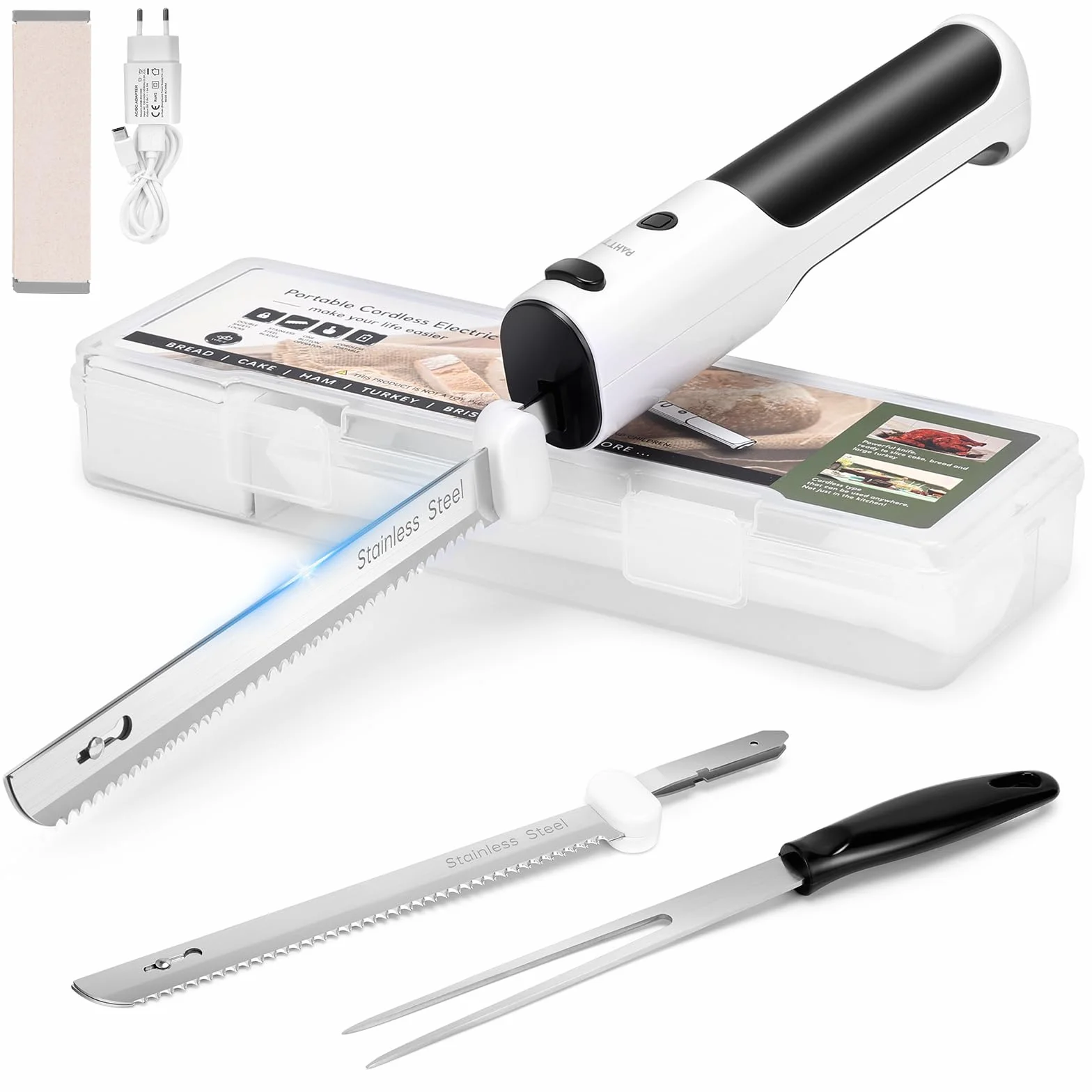 PAHTTO cuchillo eléctrico para cortar carne pan verduras fruta, inalámbrico cuchillo de cocina rebanador de pan con cuchillas dobles de acero inoxidable incl. caja, tenedor y tabla de cortar plegable