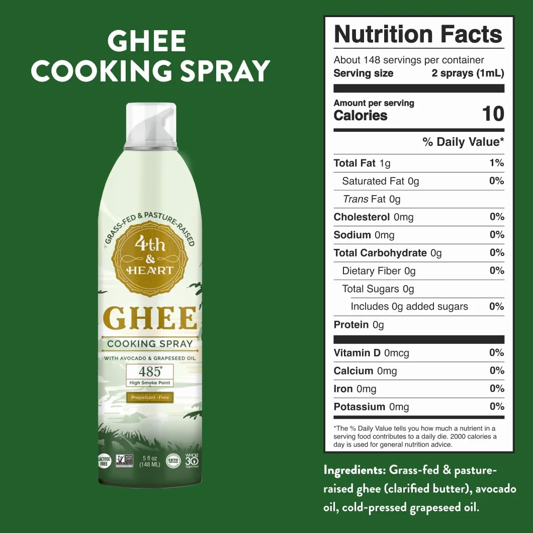 4th & Heart Ghee Spray de Cocina Antiadherente, Alimentado con Pasto, Sin Lactosa, 5 oz