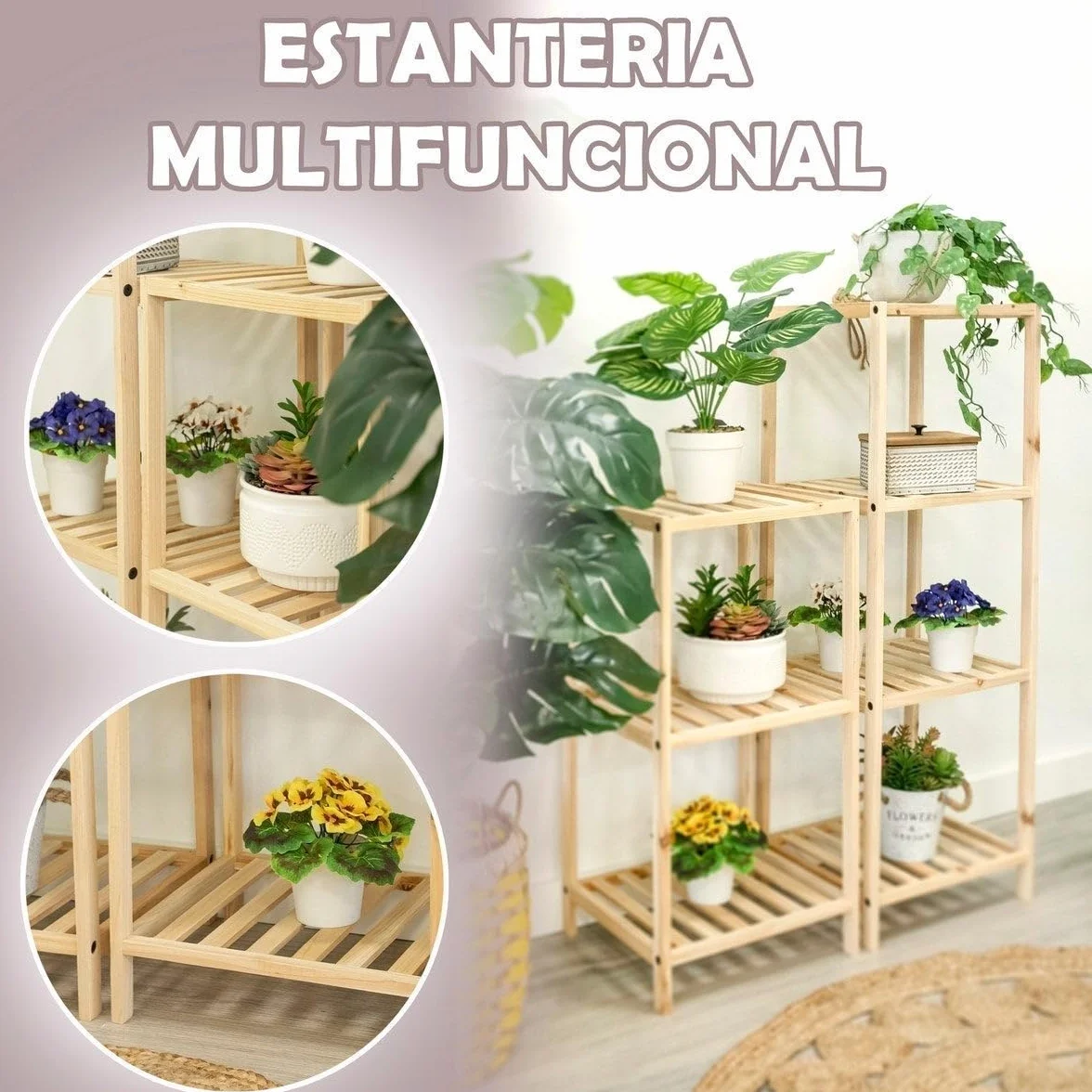 Estantería de Madera de Abeto Natural 3 Estantes 35x30x70 cm Decorativa Rústico Moderna