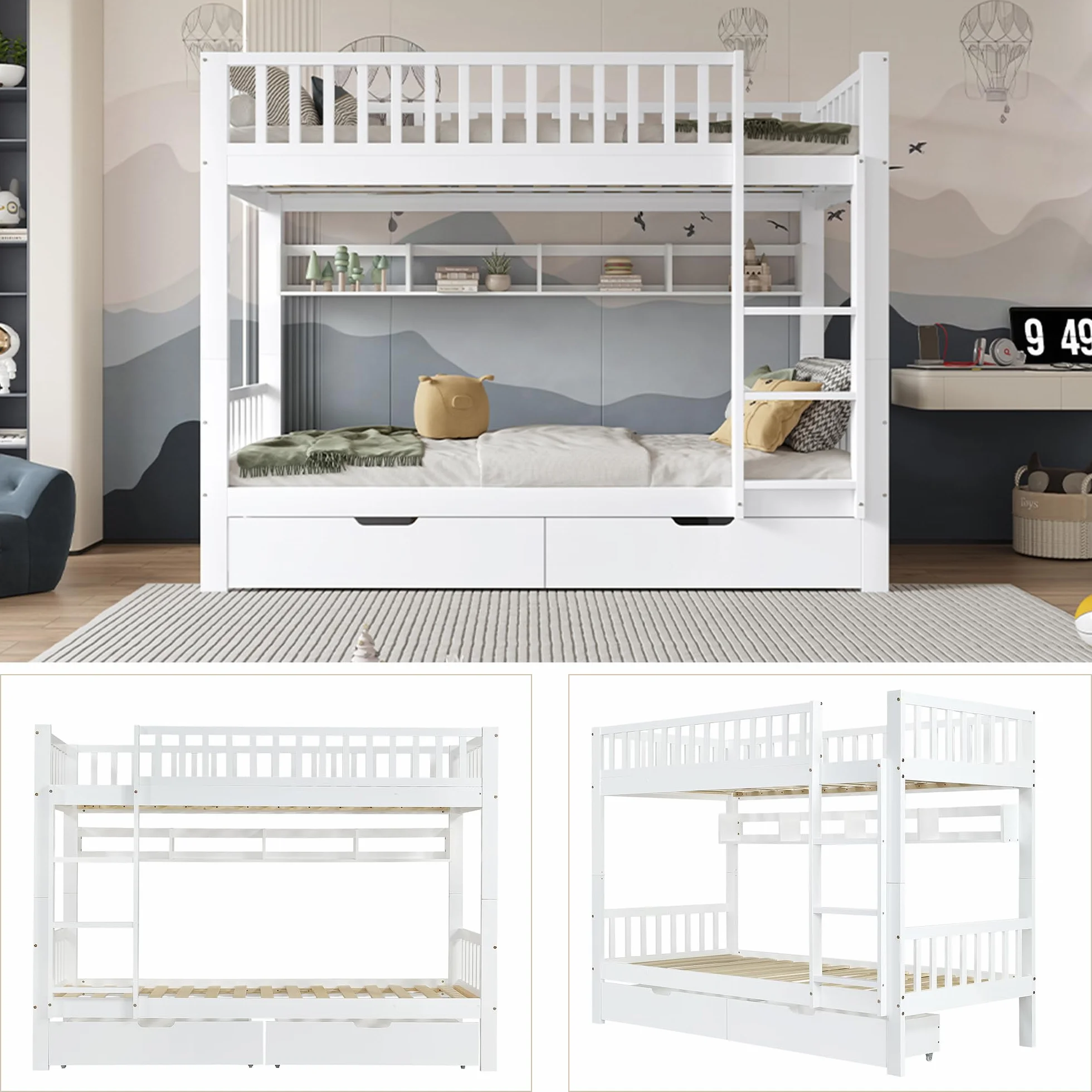 Cama Infantil, Litera para niños 90x200, Litera Matrimonio con 2 cajones y Escalera, Se Convierte en Dos Camas Individuales, Cama altillo con protección anticaída y somier, Blanco, Sin colchón