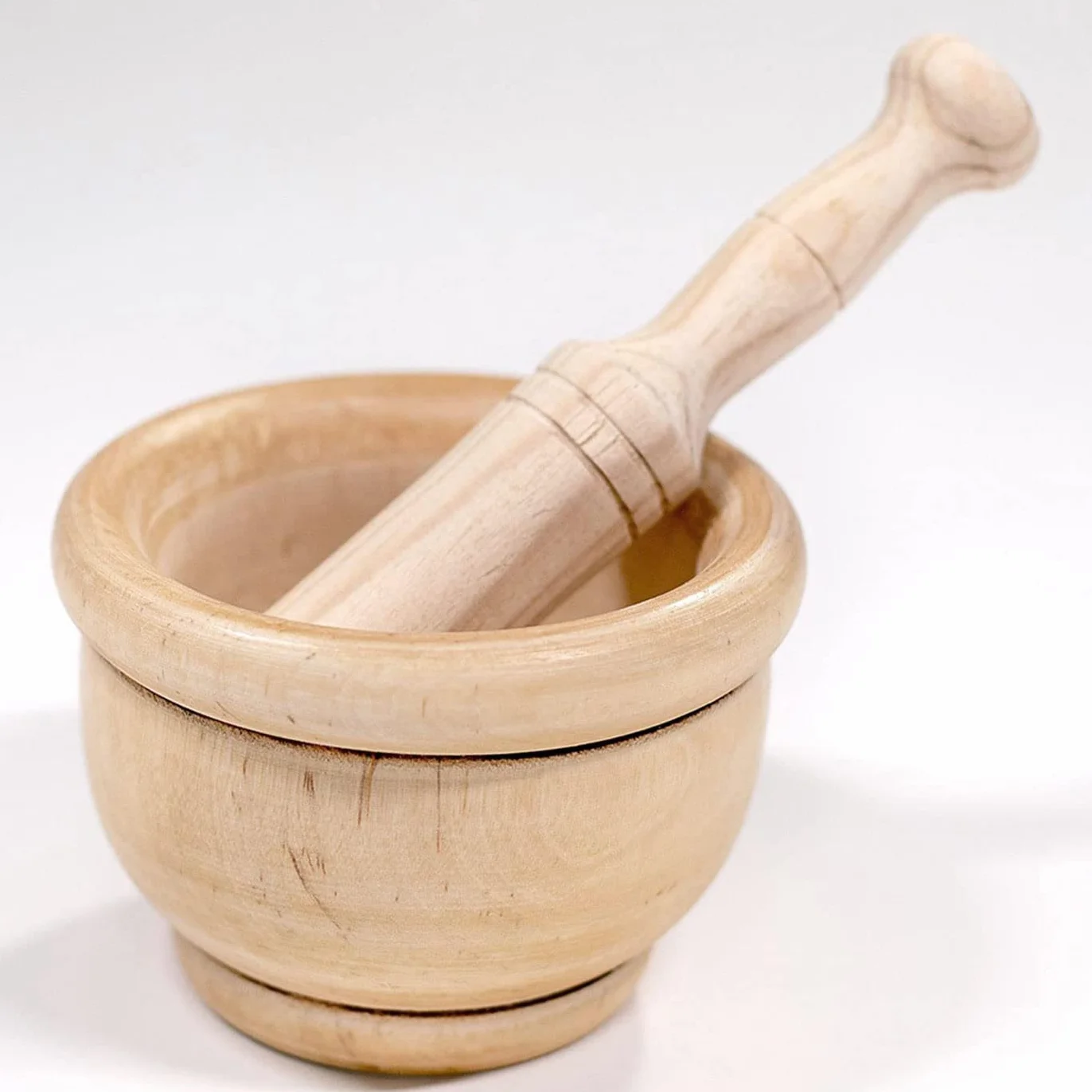 Tradineur - Mortero de madera natural - Incluye mazo de 16 cm - Machacador manual de cocina para moler ajo, especias y hierbas - 12 x 8 cm