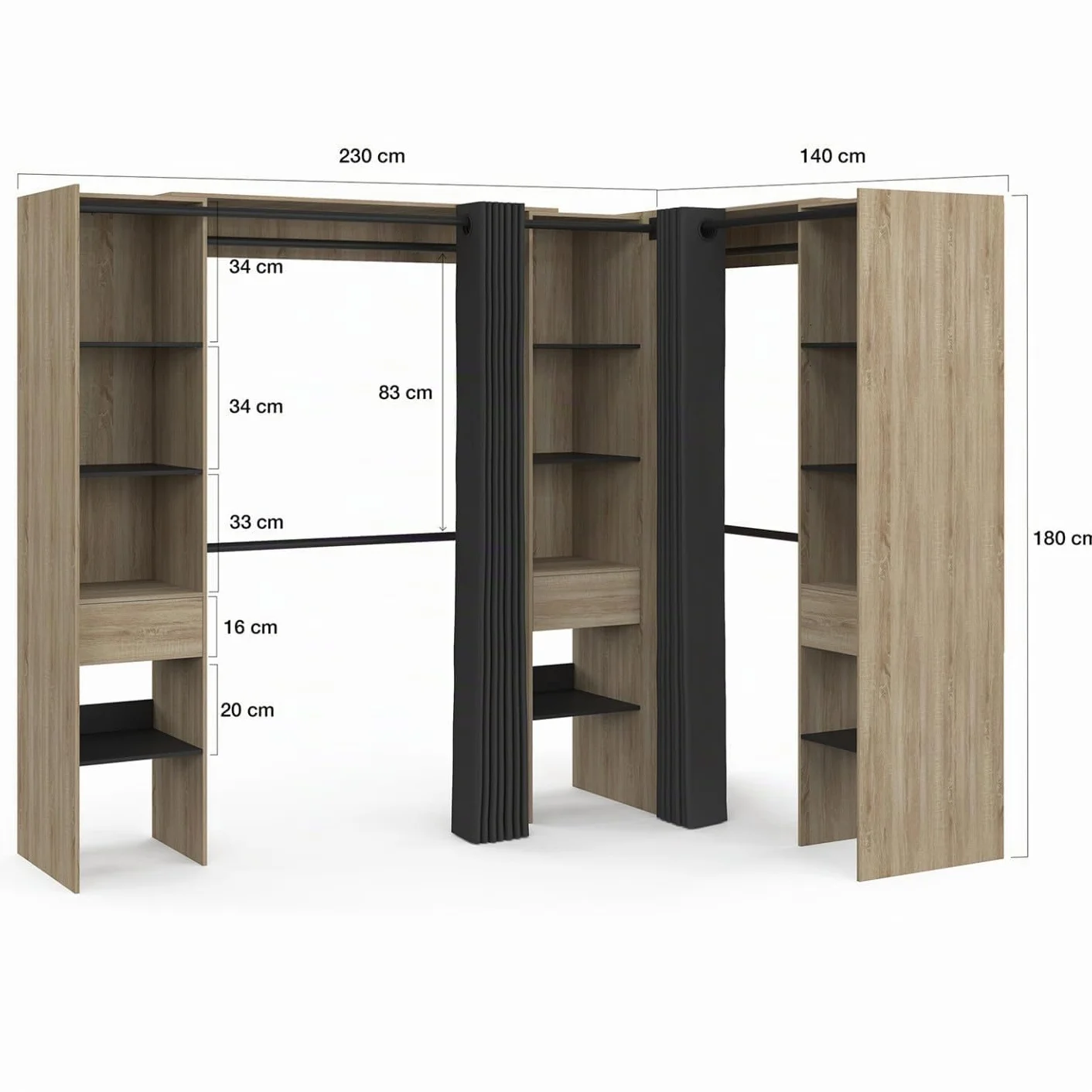 IDMarket - MARLON 230 x 140 x 180 cm Armario esquinero de haya con armarios + estantes + cortinas negras